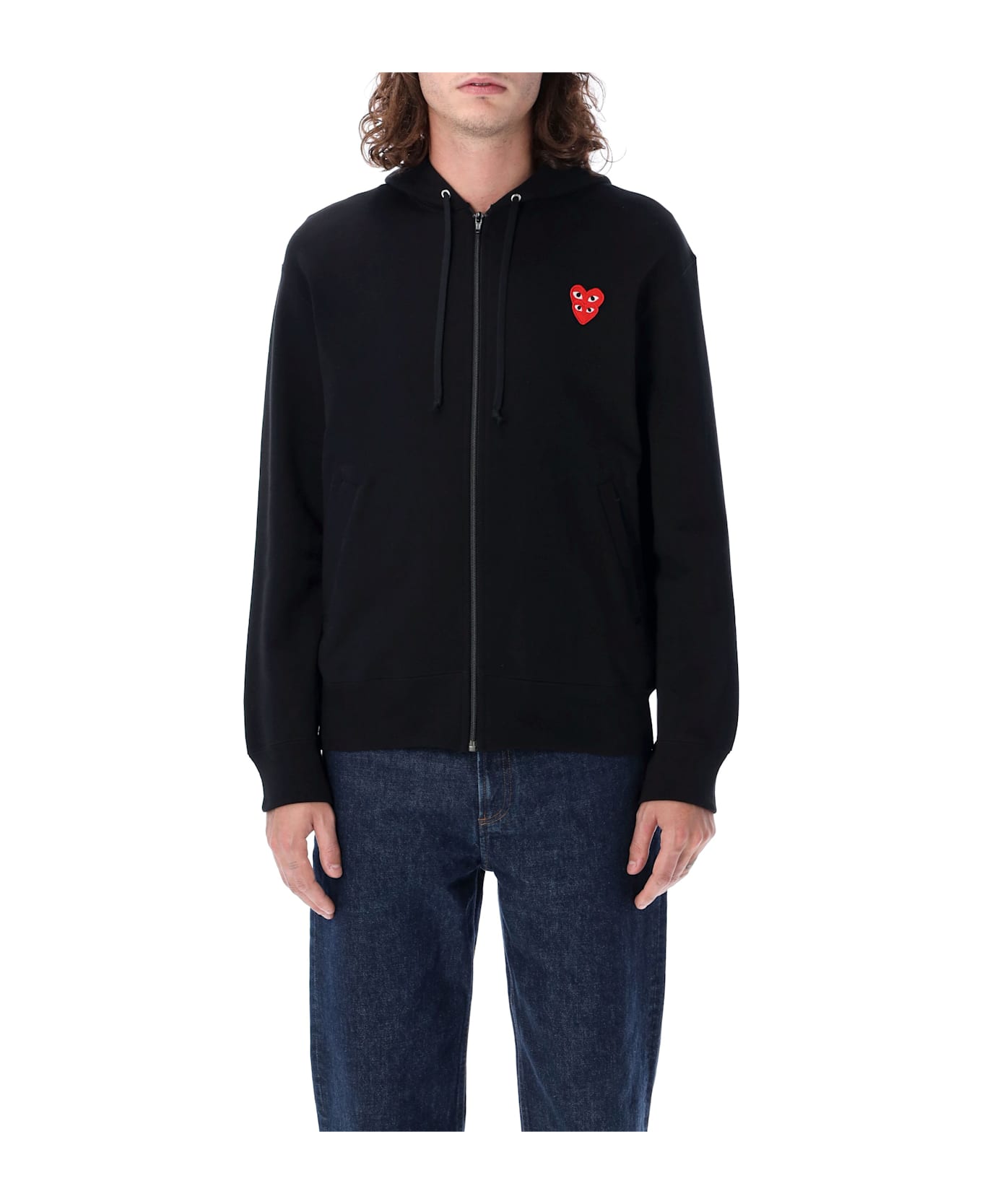 Comme des Garçons Play Zipped Hoodie With Double Heart Patch - BLACK