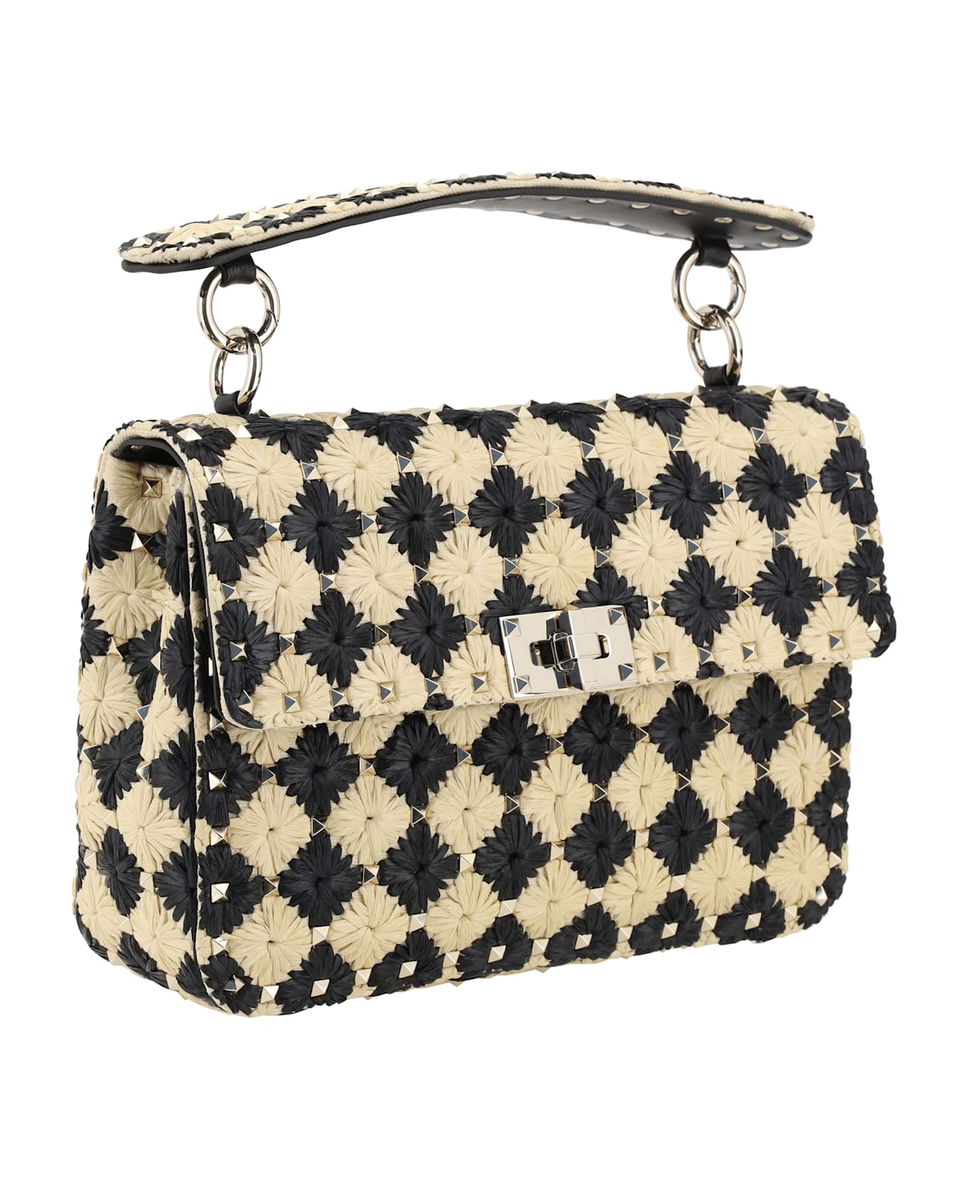 Valentino Garavani Two-tone Raffia Medium Rockstud Spike Handbag - Naturale/nero