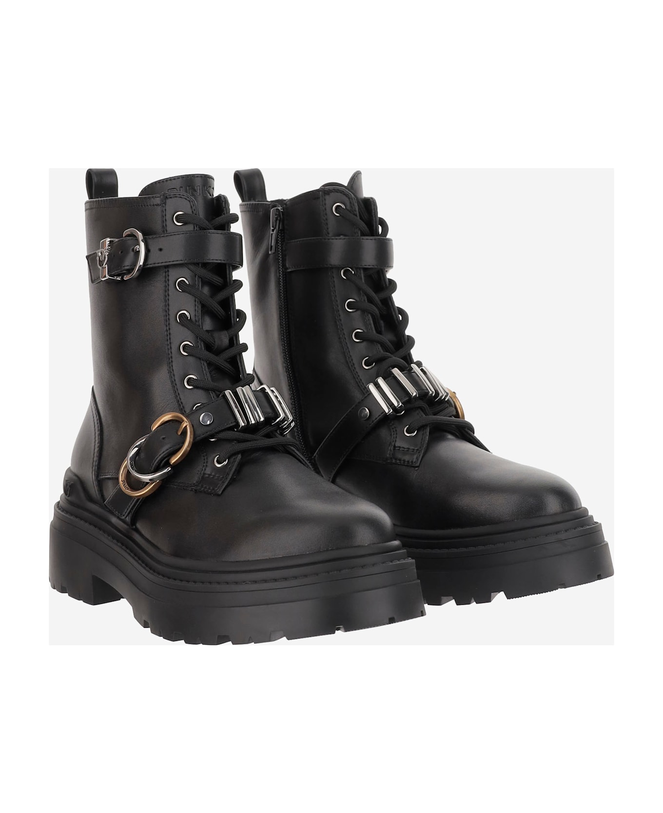 Pinko Leather Ankle Boots With Belt And Logo - Black