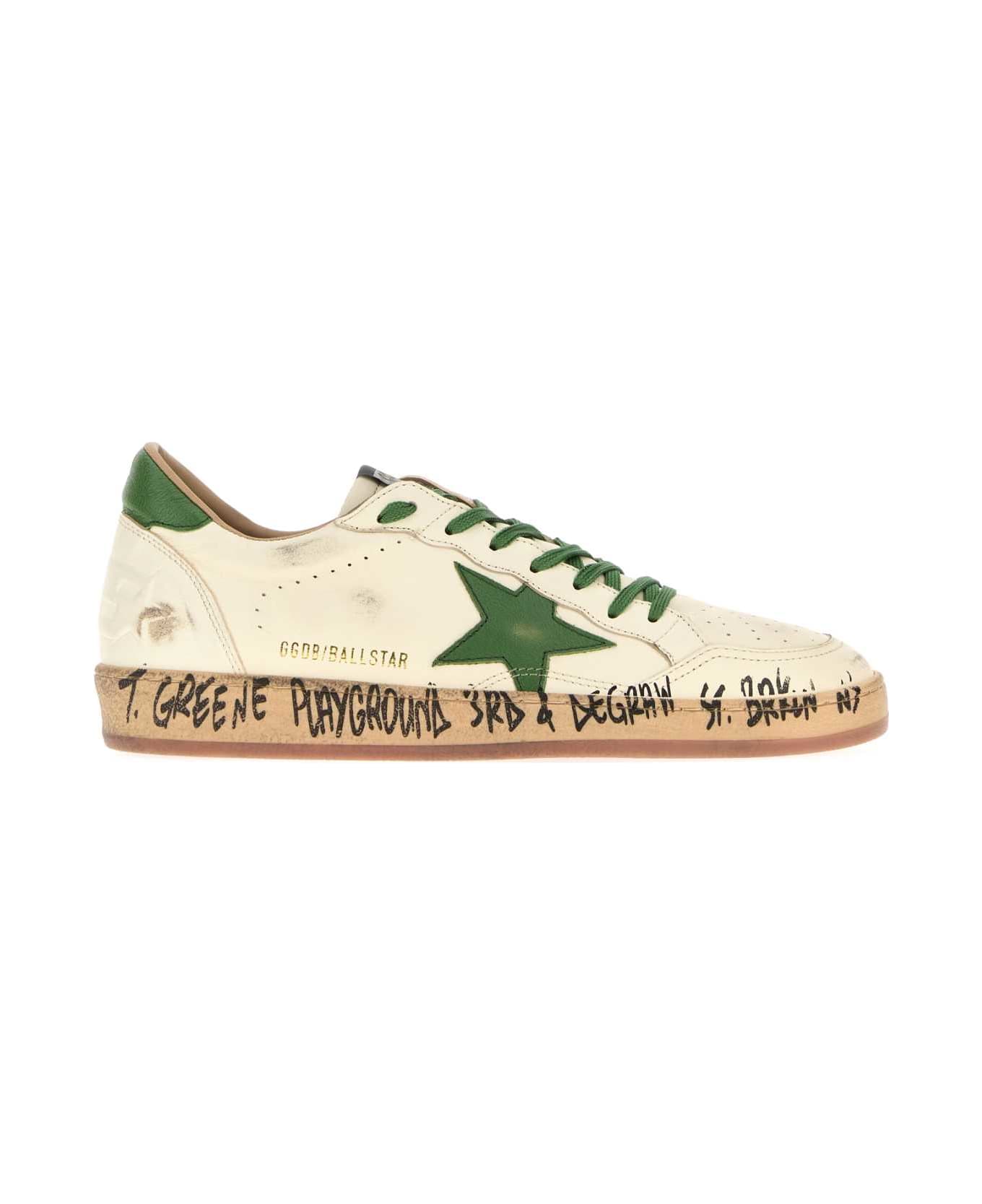 Golden Goose 
ball-star
 White Nappa Leather Sneakers With Green Star And Heel - White/Green