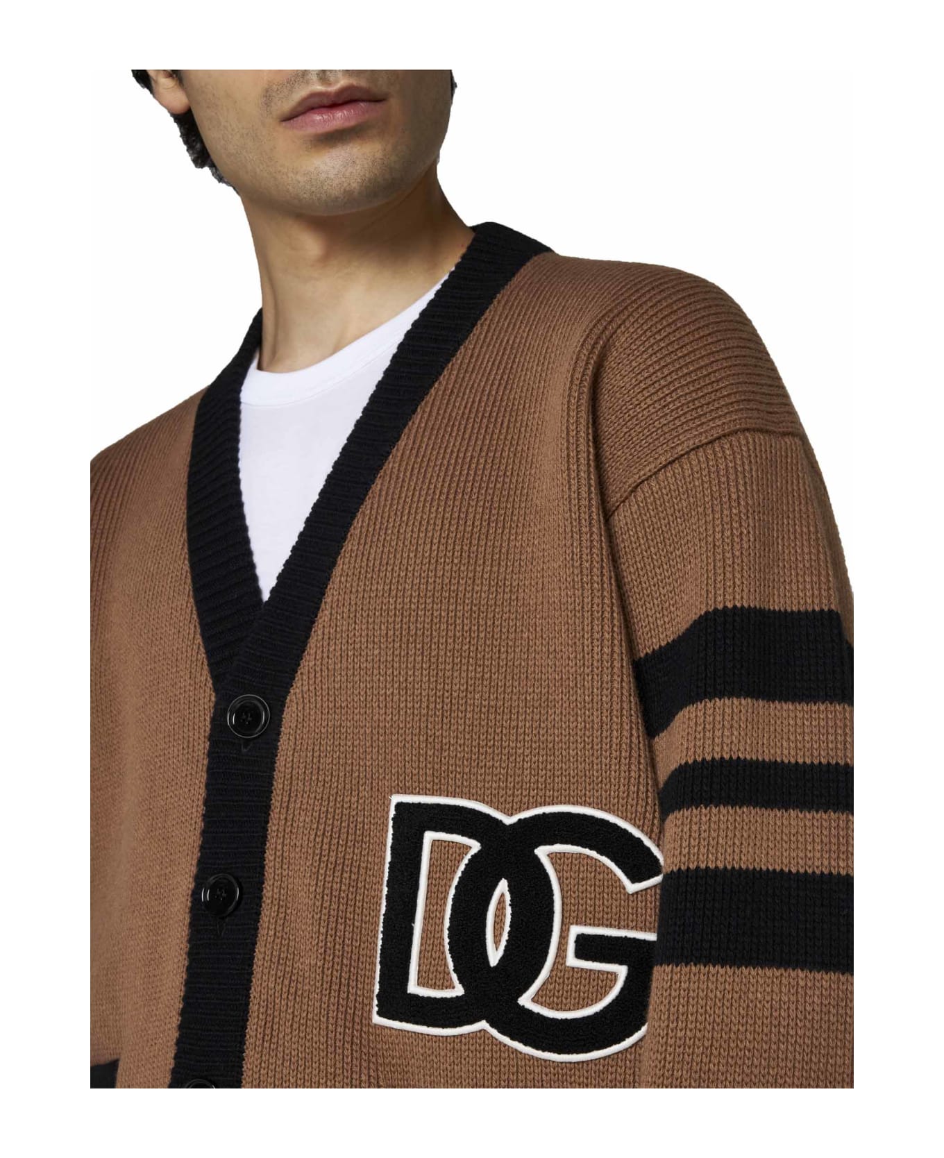Dolce & Gabbana Wool Cardigan With Logo - Brown