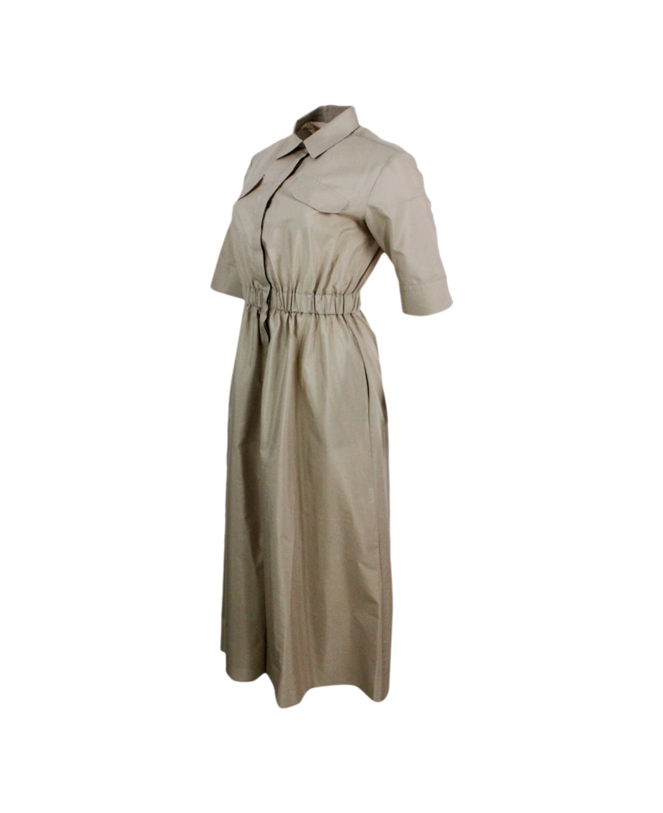 Barba Napoli Long Dress Made Of Cotton With Short Sleeves, With Elastic Waist And Button Closure. Welt Pockets - Beige