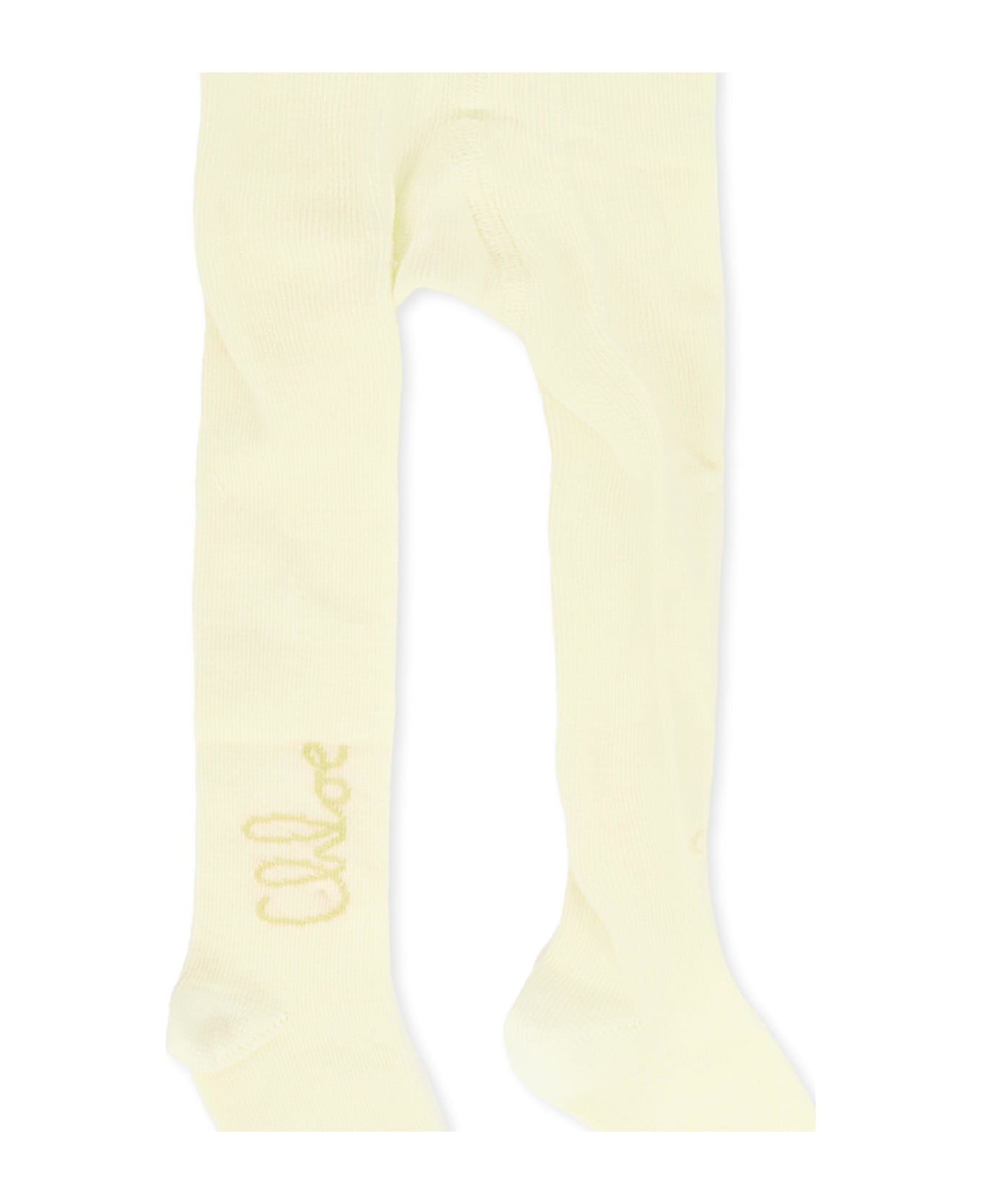 Chloé Ivory Tights For Baby Girl With Gold Logo - Ivory