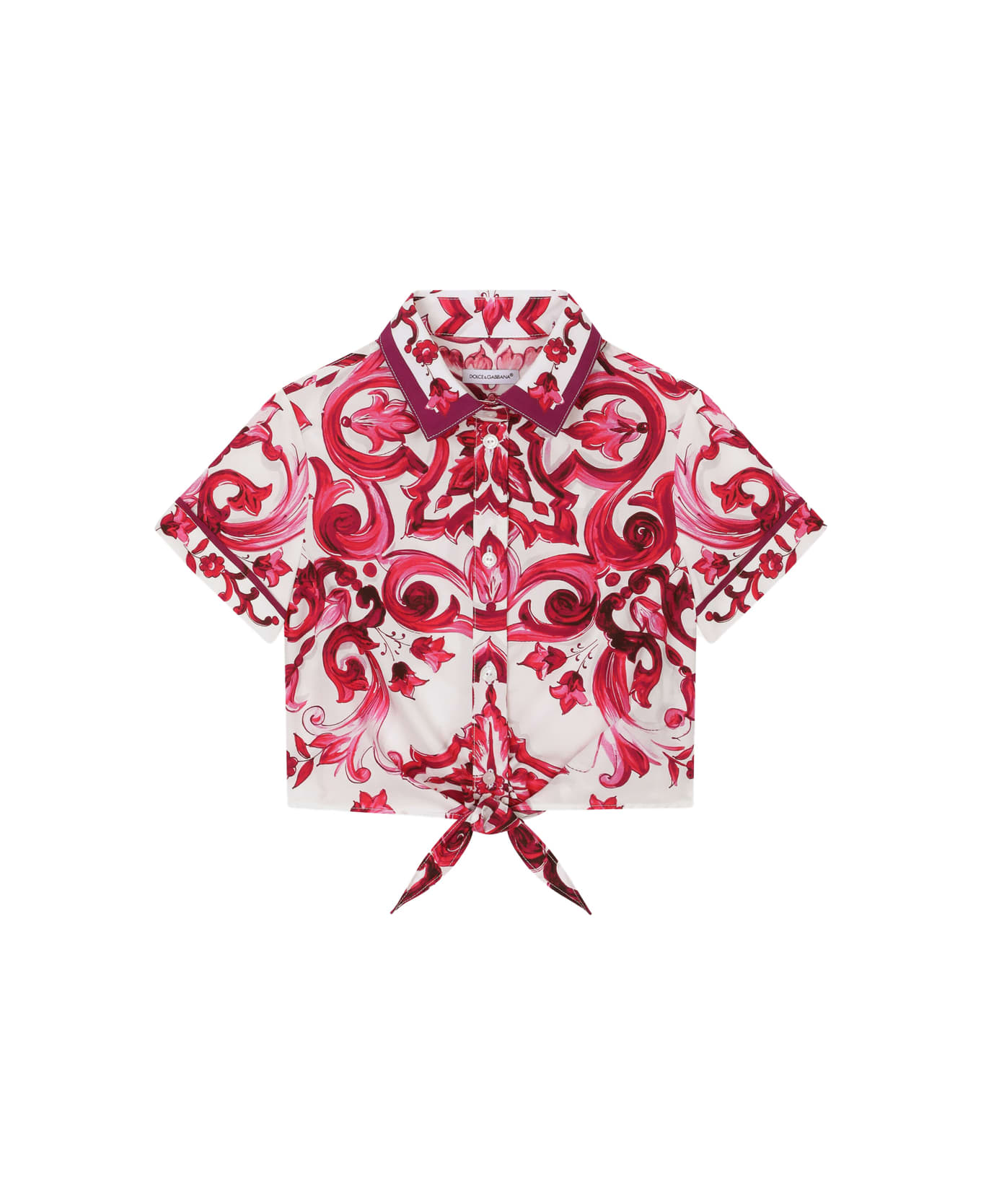 Dolce & Gabbana Poplin Shirt With Short Sleeve And Fuchsia Majolica Print - Pink シャツ
