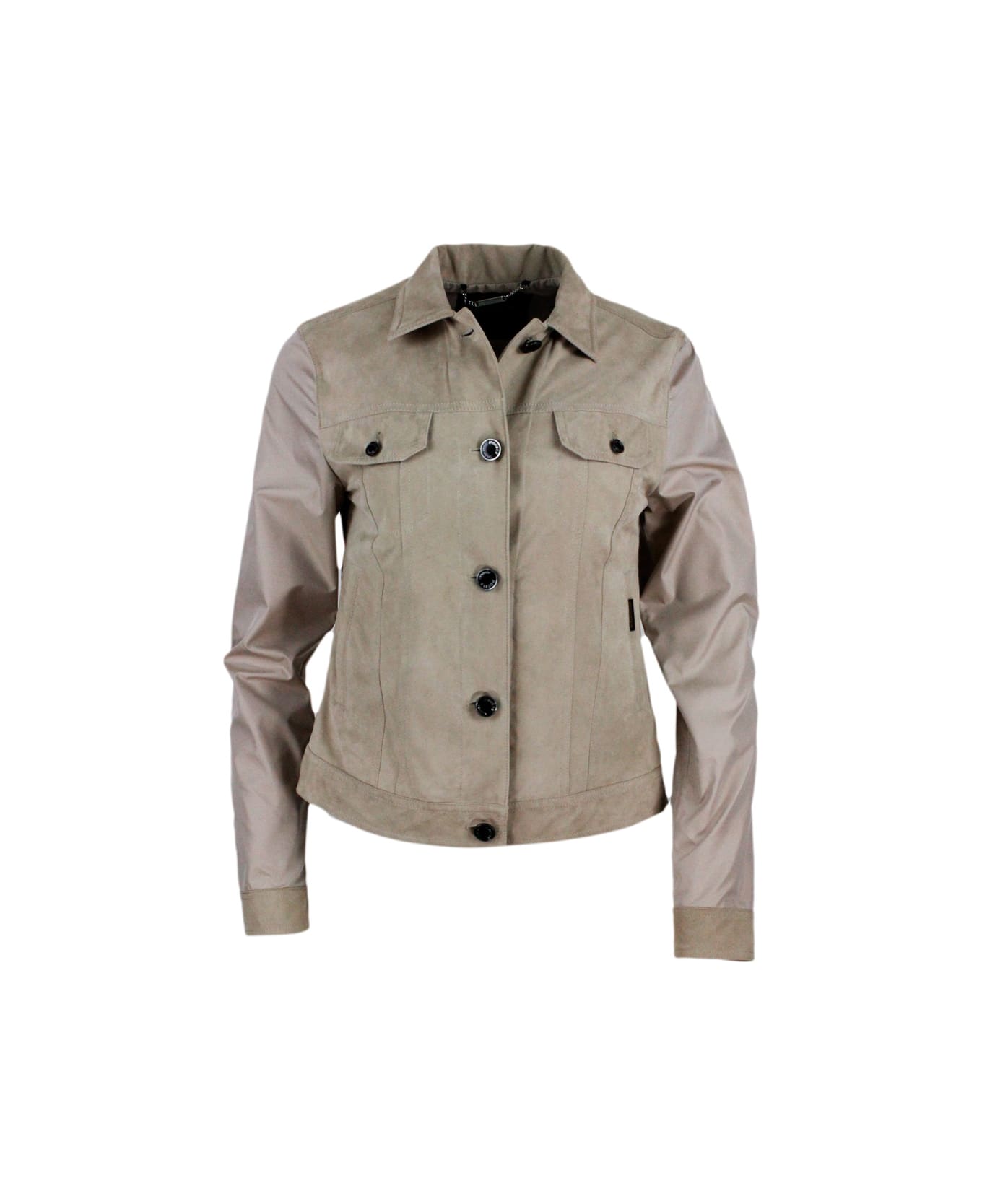 Moorer Windproof Lightweight Nylon Jacket With Soft Suede Front With Chest Pockets - Beige