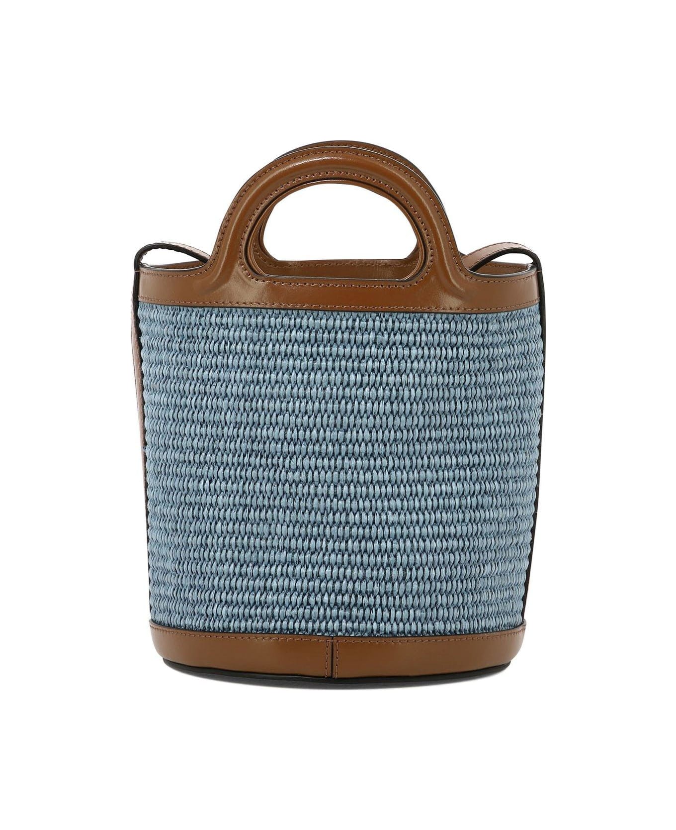Marni Tropicalia Mini Bag In Brown Leather And Light Blue Raffia - Brown