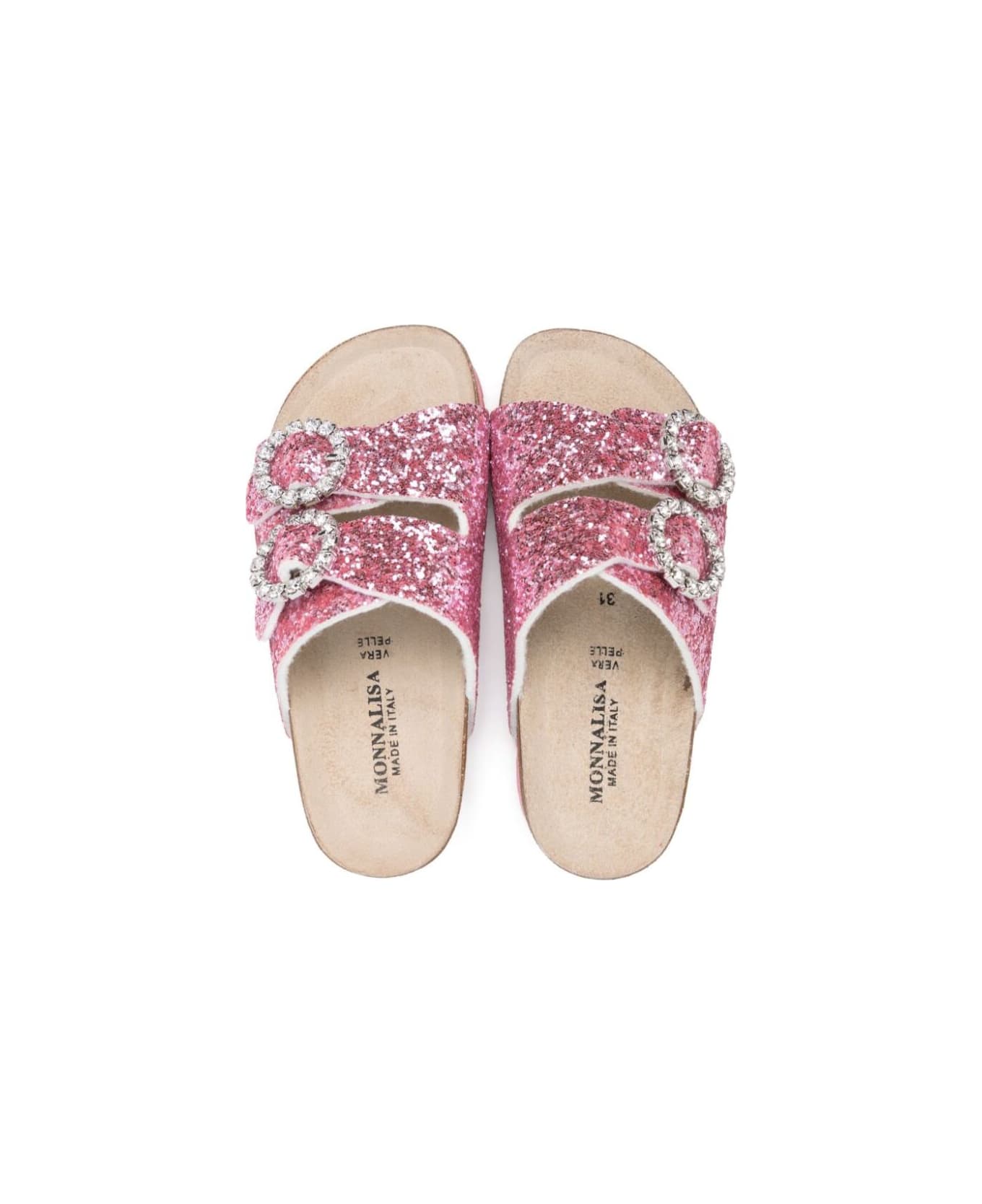Monnalisa Pink Glittered Sandals With Crystal Buckle In Tech Fabric Girl - Pink