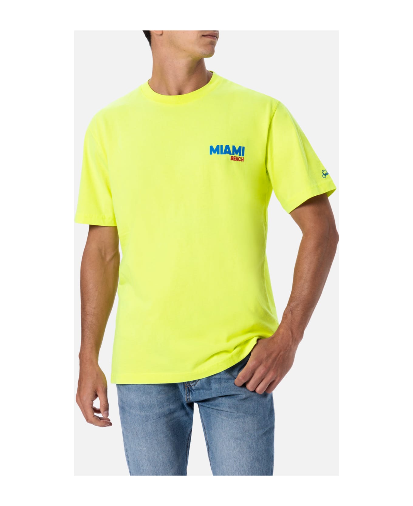 MC2 Saint Barth Man Cotton T-shirt With Miami Beach Postcard Placed Print - YELLOW