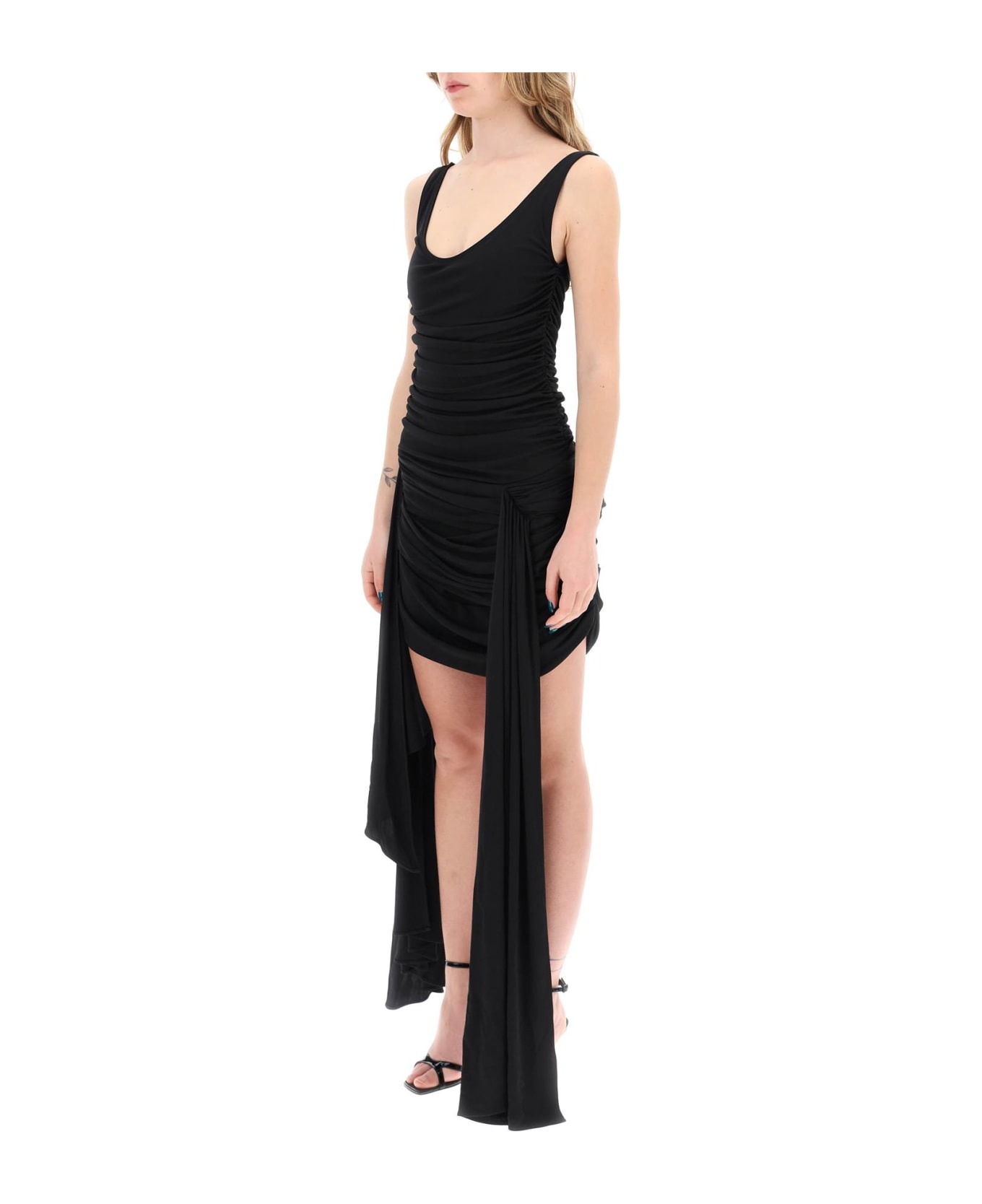 Mugler Draped Mini Dress With Side Trains - Black