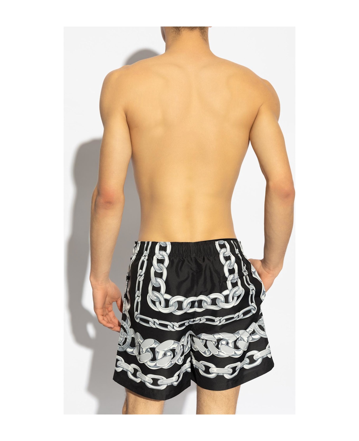 Versace Swim Shorts With Medusa Chains Print - Black+Silver