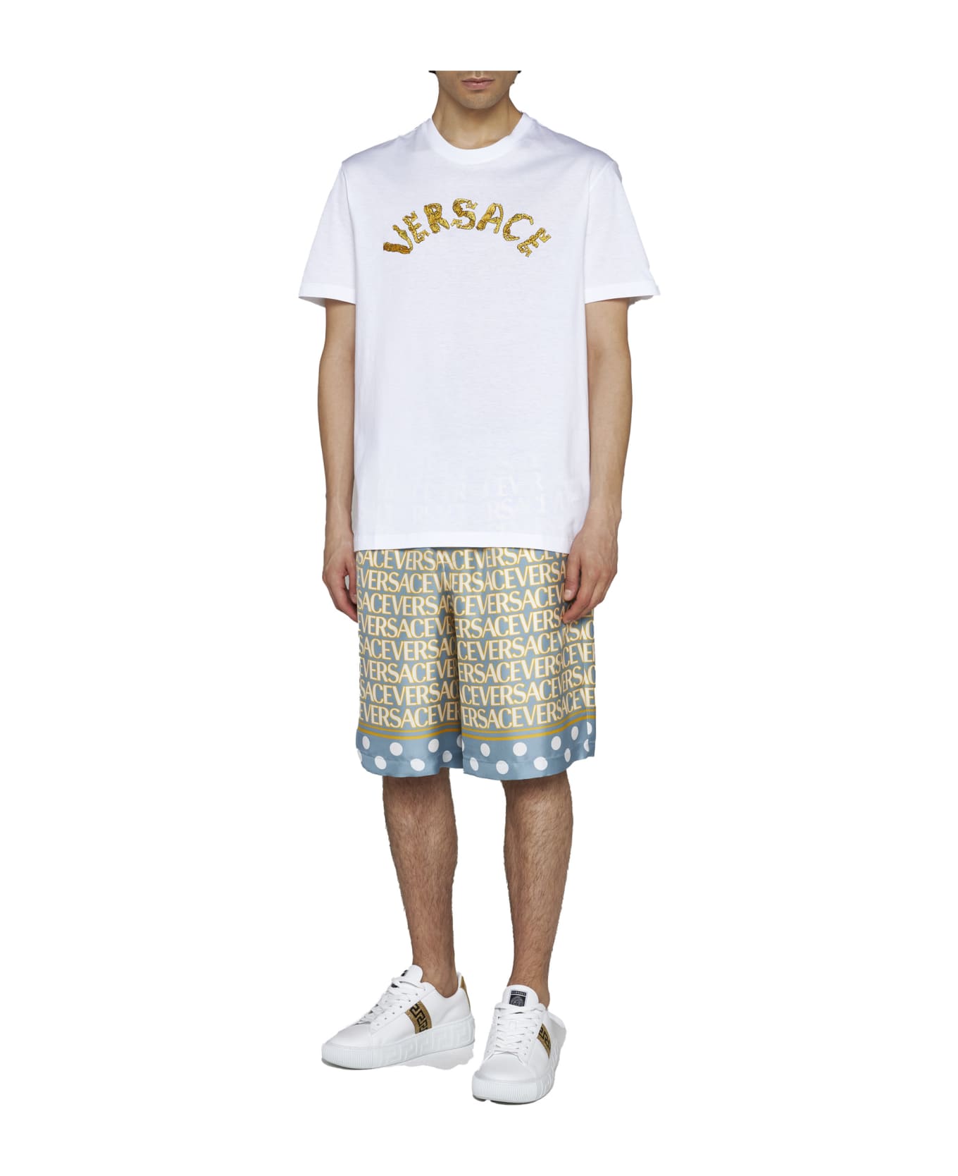 Versace Logo Embroidery Cotton T-shirt - White シャツ