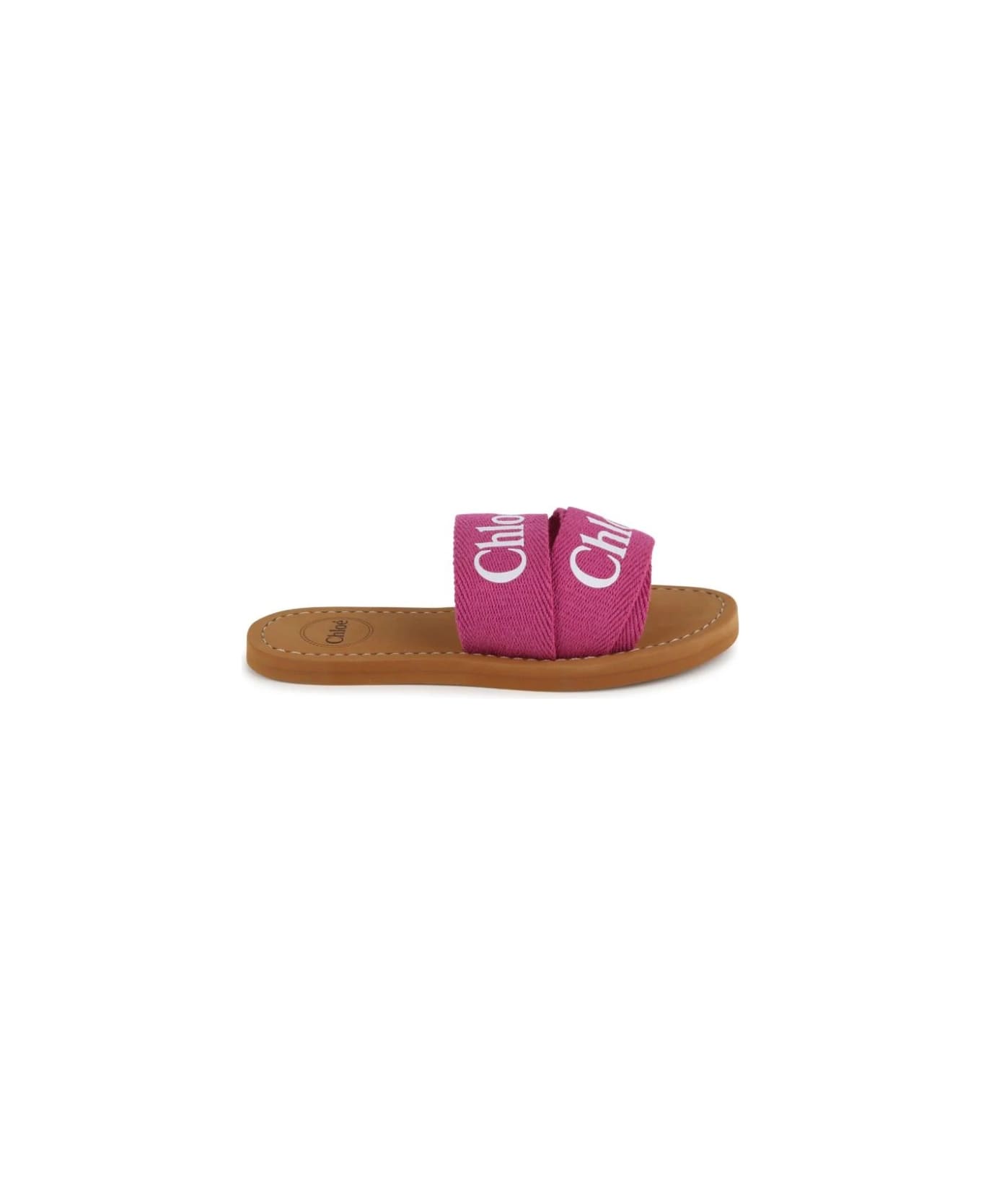 Chloé Woody Sandals In Fuchsia Canvas With Logo - Pink シューズ