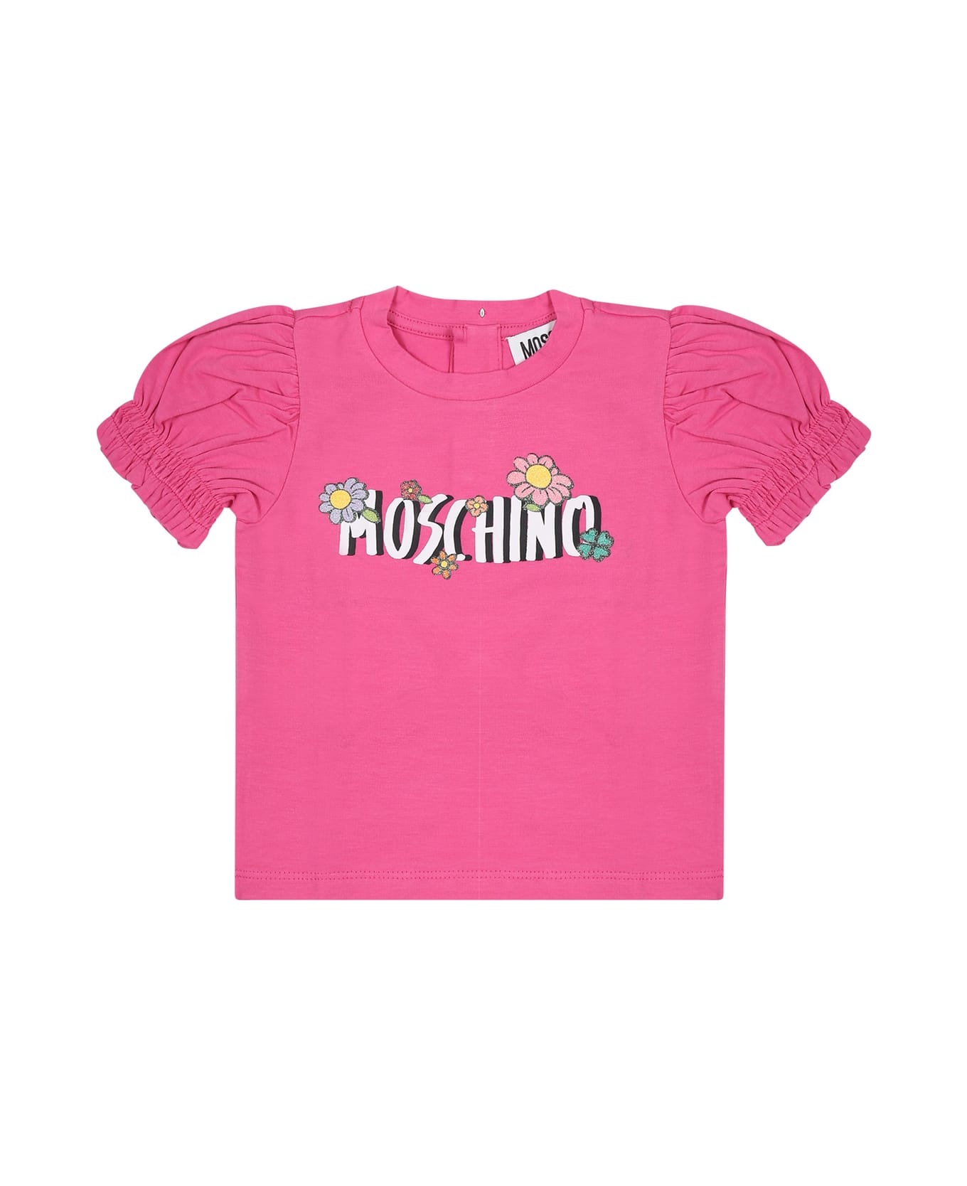 Moschino Fuchsia T-shirt For Baby Girl With Logo And Flowers - Fuchsia