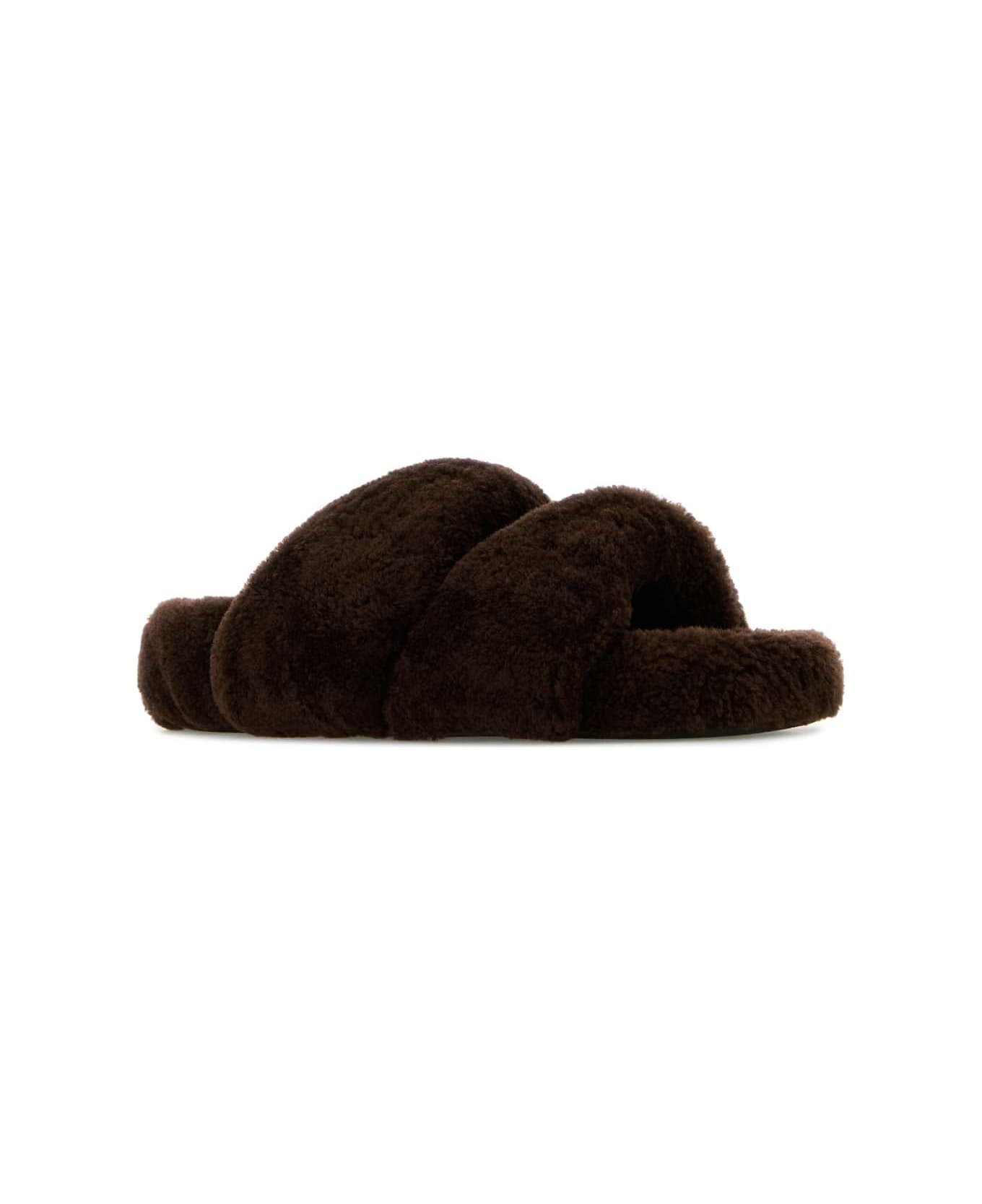 Aquazzura Brown Shearling Twist Slippers - ESPRESSO