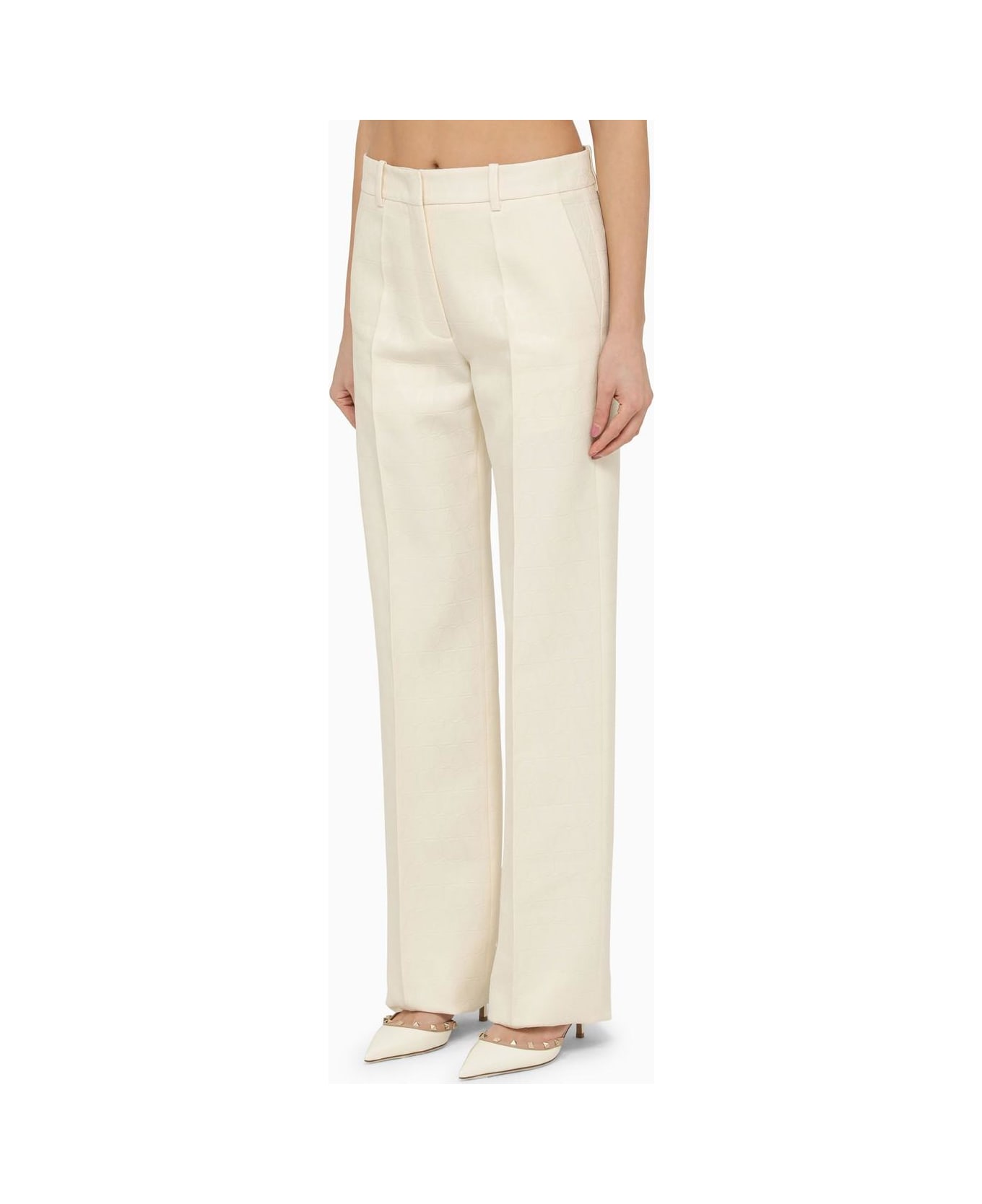 Valentino Ivory Straight Trousers In Wool And Silk - Ivory