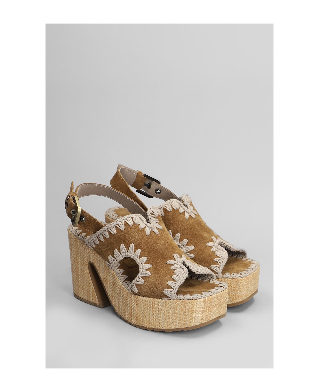 Mou Raffia Platform Sandals In Leather Color Suede - Cognac