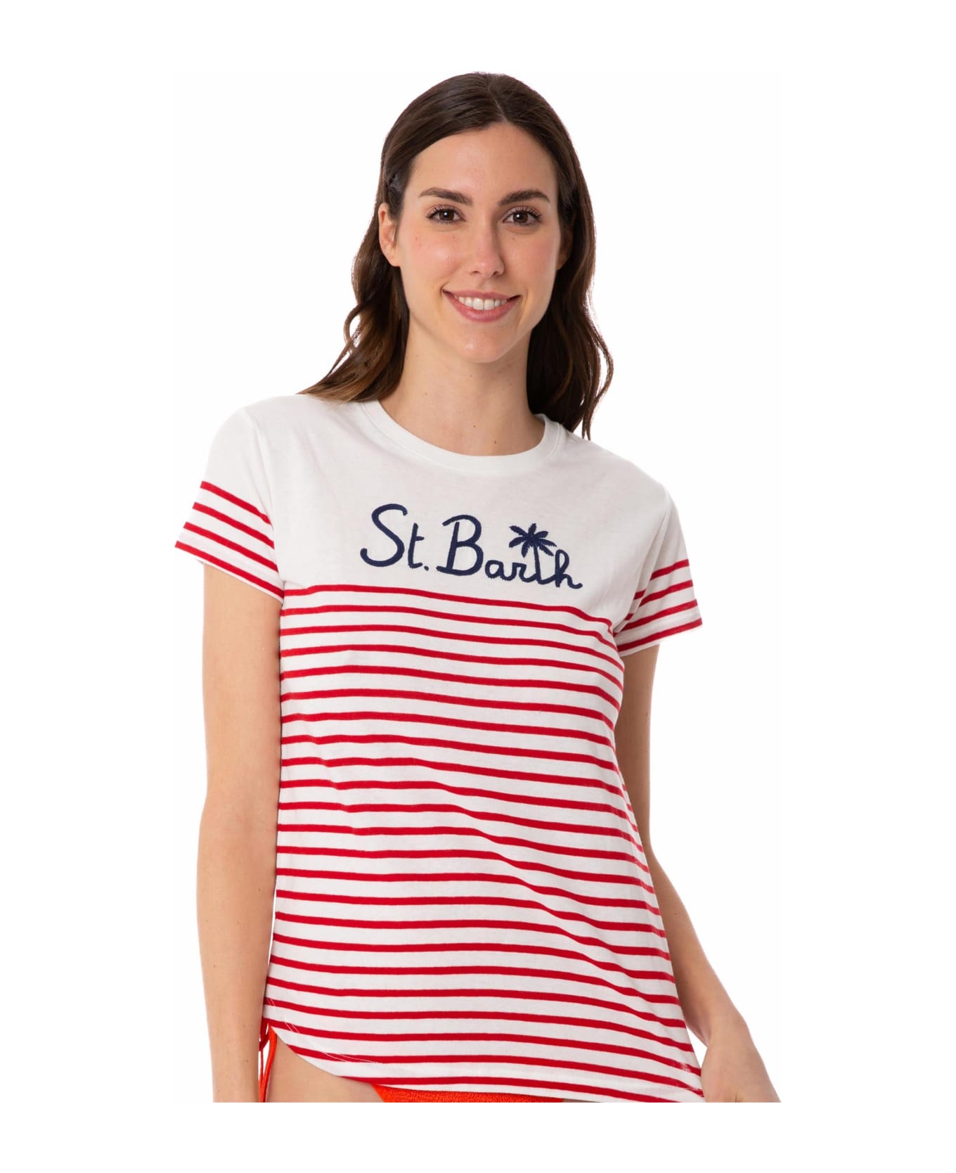 MC2 Saint Barth Red Striped Cotton T-shirt With St. Barth Embroidery - WHITE