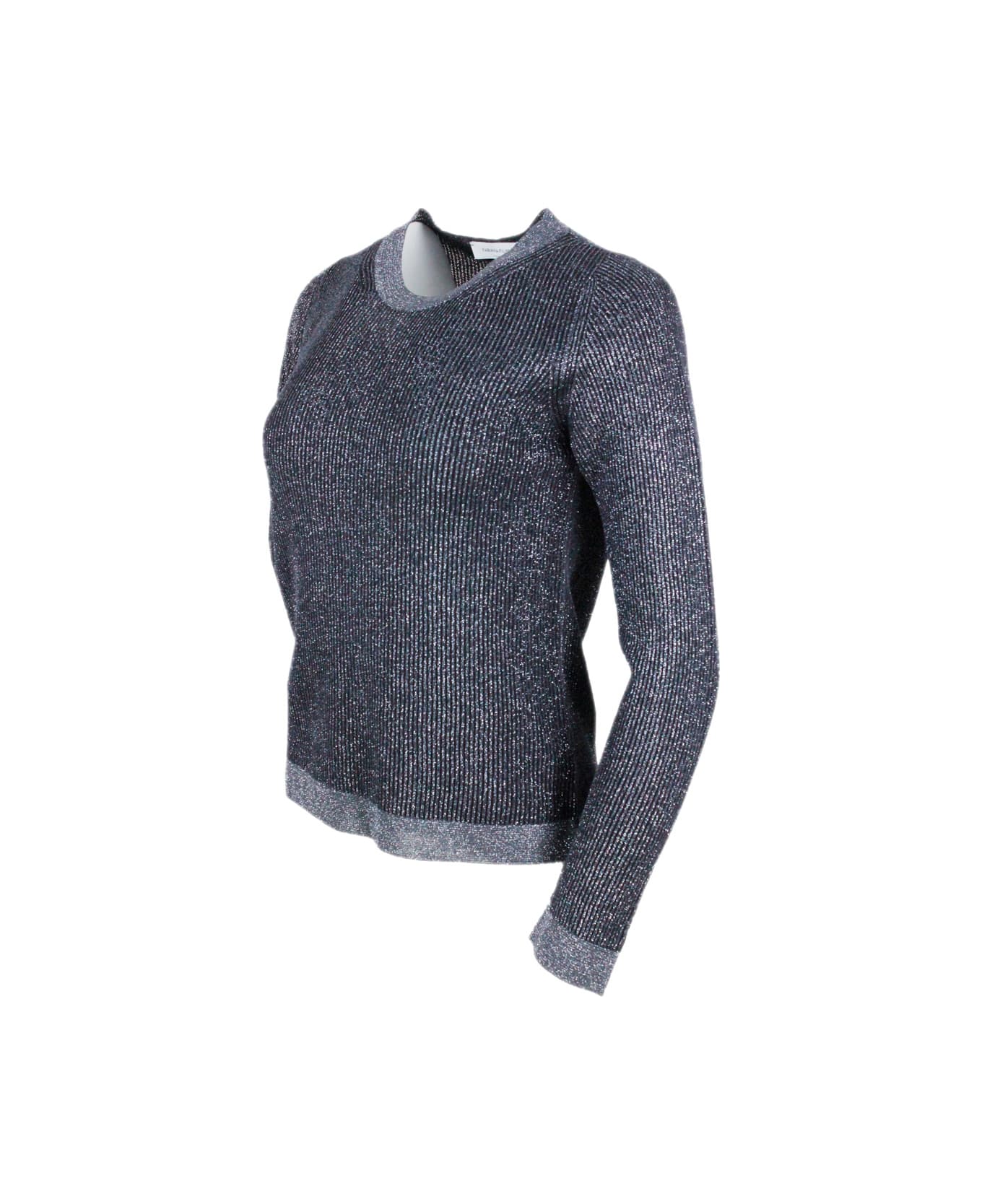 Fabiana Filippi Long-sleeved Crew-neck Sweater In Organic Cotton And Lurex With Ribbed Knit - Blu