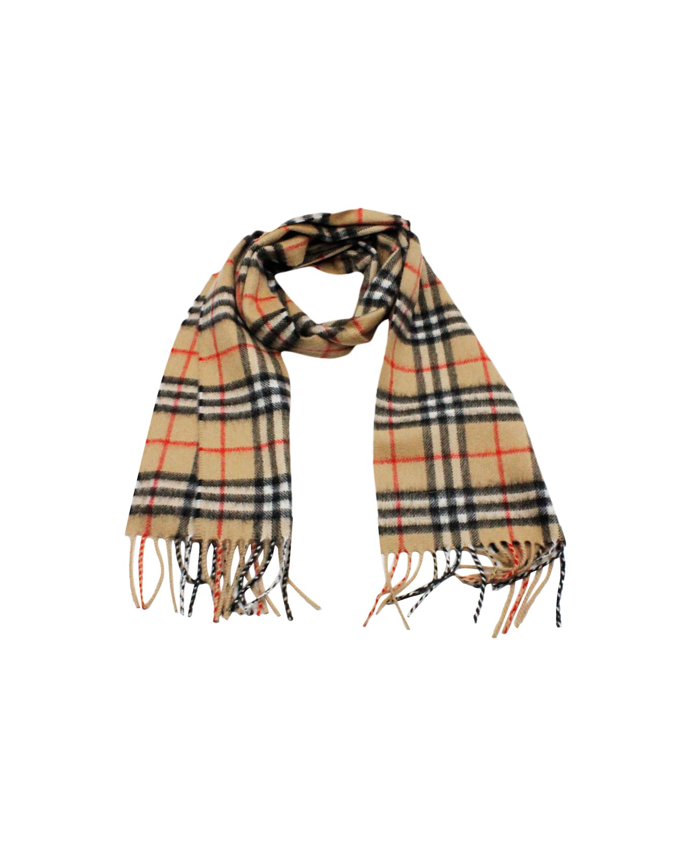 Burberry Scarf In Pure And Soft Cashmere With Check Pattern And Fringes At The Hem Measuring 130 X 20 - Check Beige アクセサリー＆ギフト