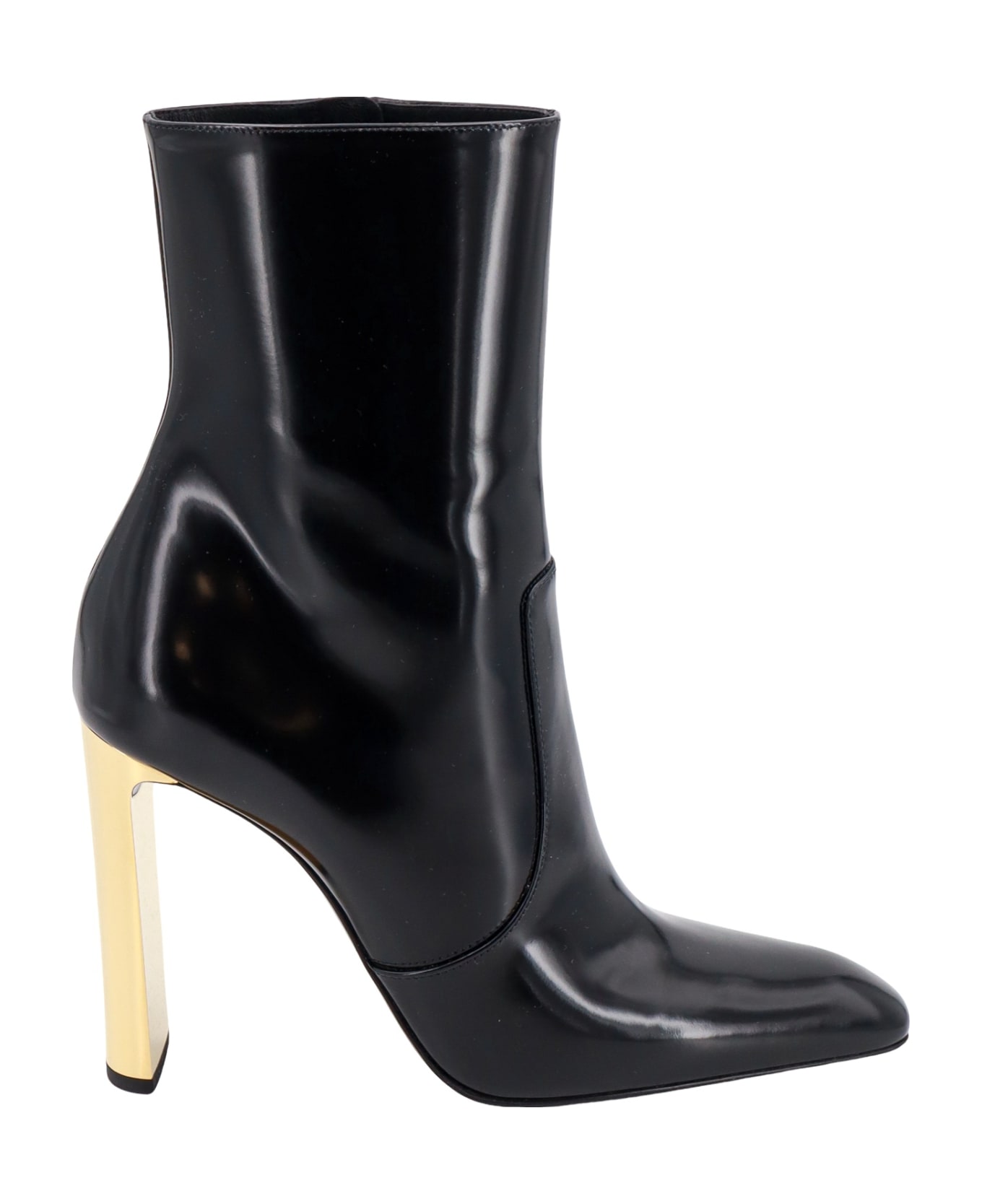 Saint Laurent Ankle Boot In Glazed Leather And Gold Heel - Black