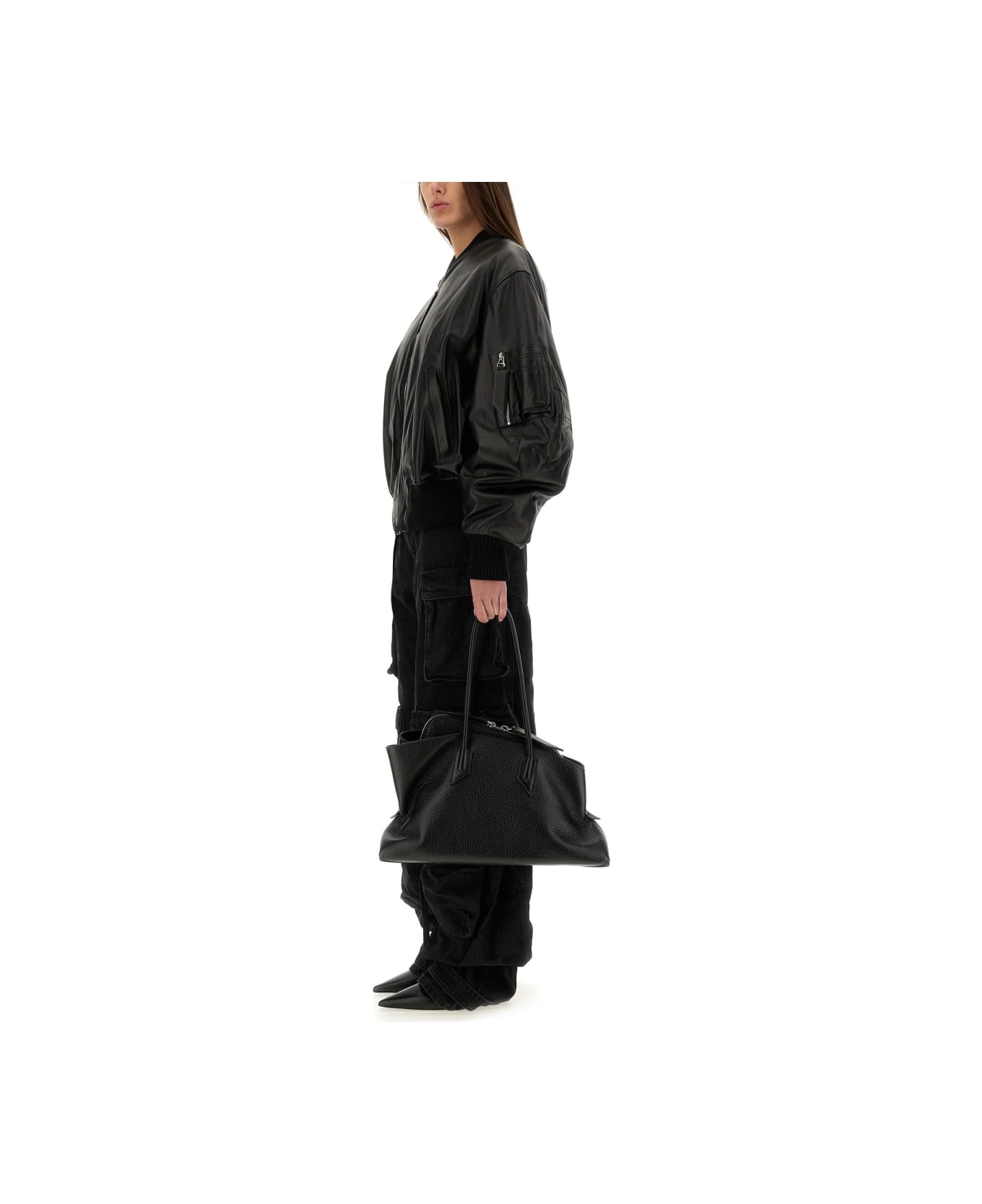 The Attico Leather Bomber Jacket - BLACK