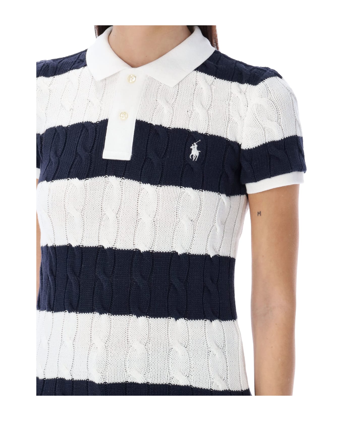 Polo Ralph Lauren Cotton Cable Knit Striped Polo Shirt - BLUE WHITE ポロシャツ
