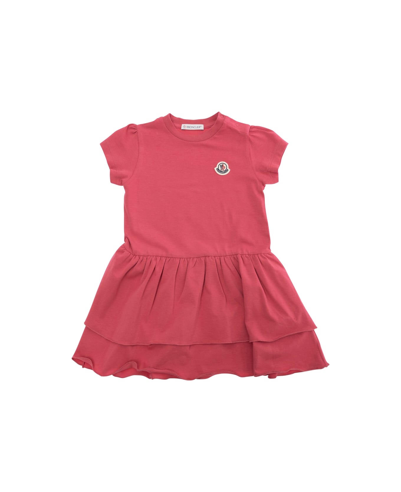 Moncler Red Crewneck Dress With Logo Patch Applied On The Front In Cotton Baby - Red
