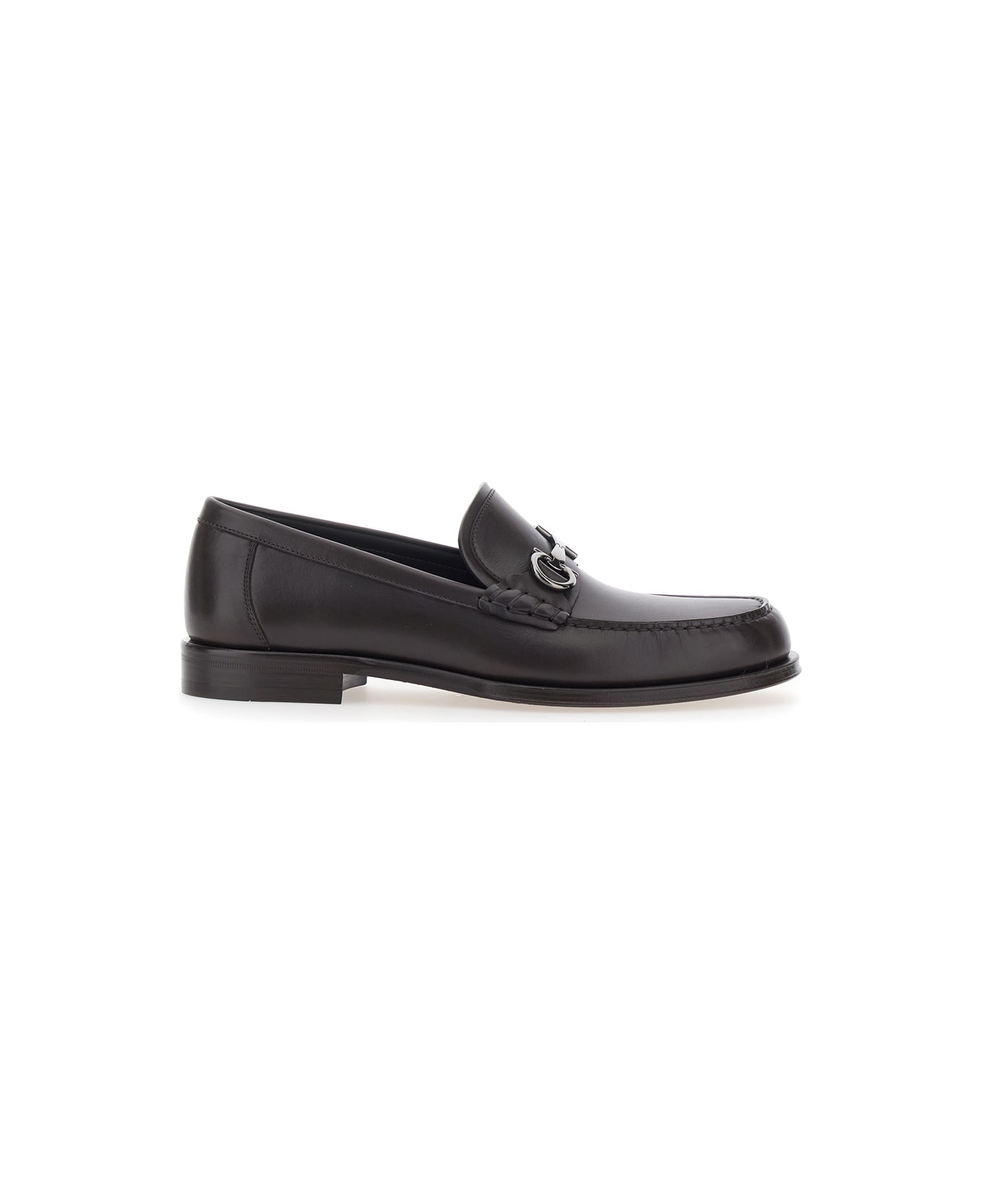 Ferragamo Brown Loafers With Metallic Gancini Detail On The Front In Leather Man - Brown