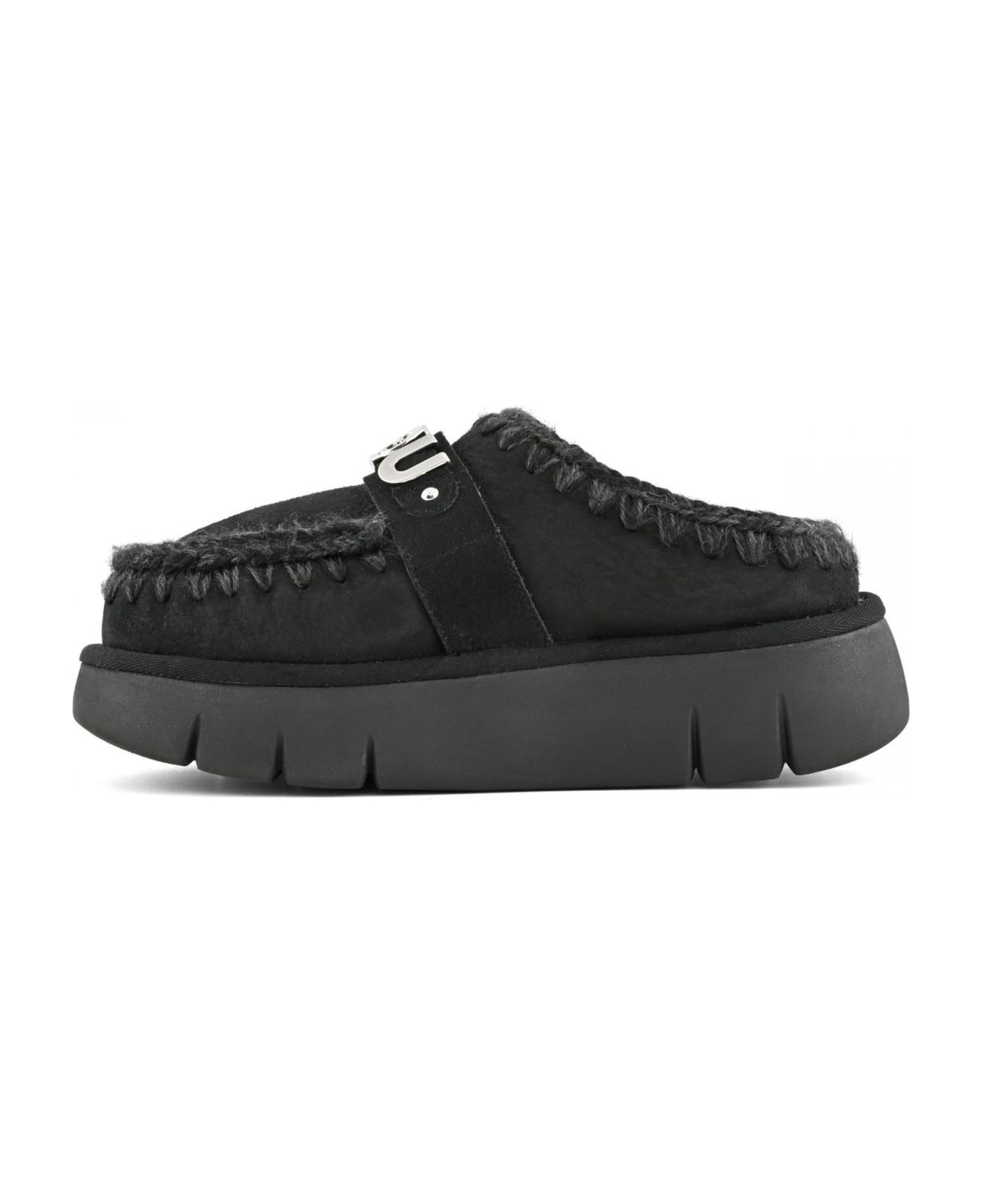 Mou Bounce Black Mules With Logo Lettering And Open Rear In Suede Woman - black