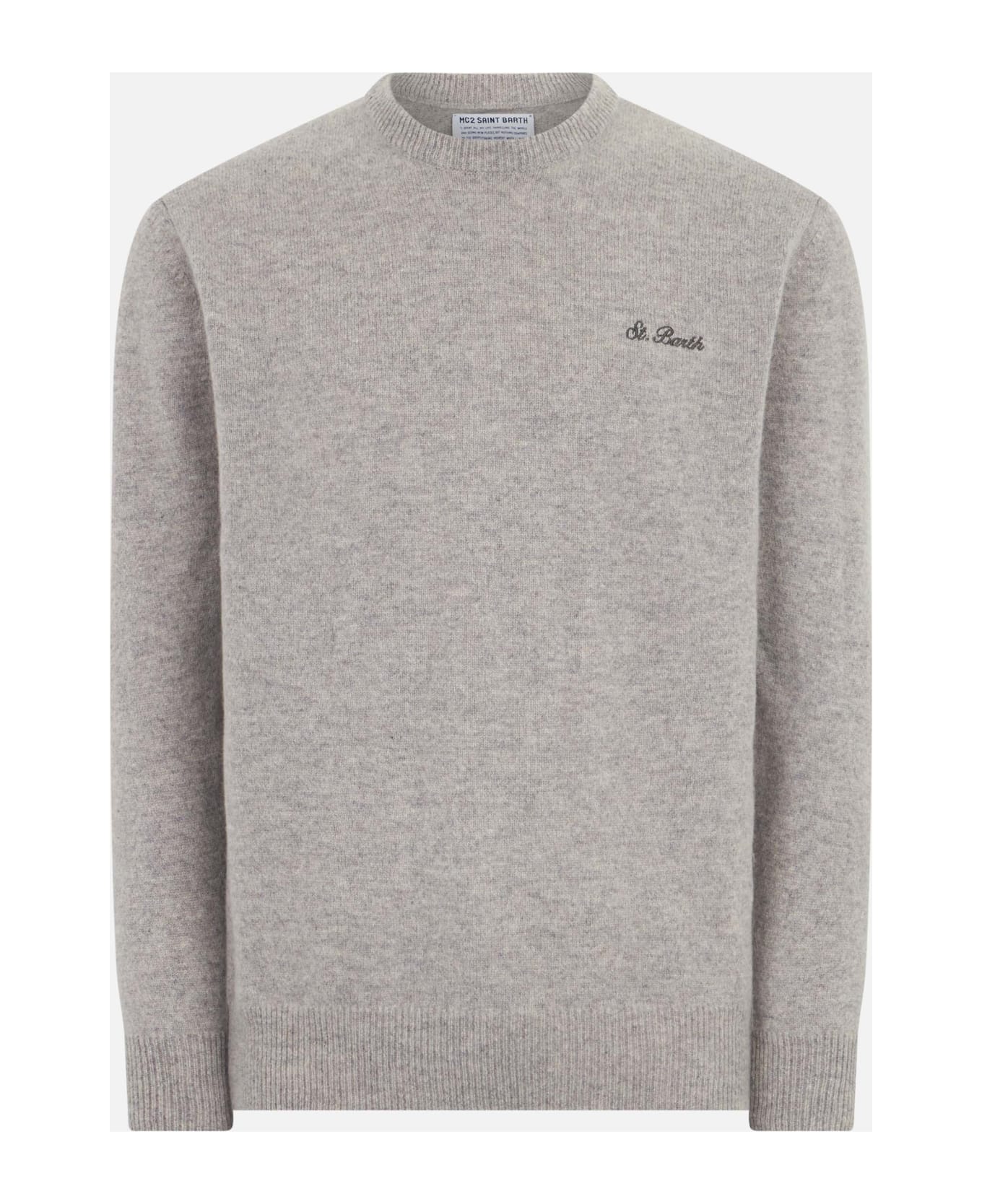 MC2 Saint Barth Man Crewneck Grey Melange Sweater With St. Barth Embroidery - GREY