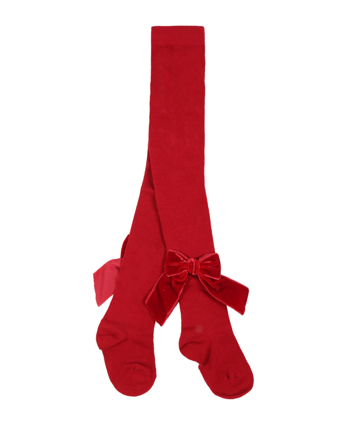 Story Loris Red Tights For Girl With Velvet Bows - Red