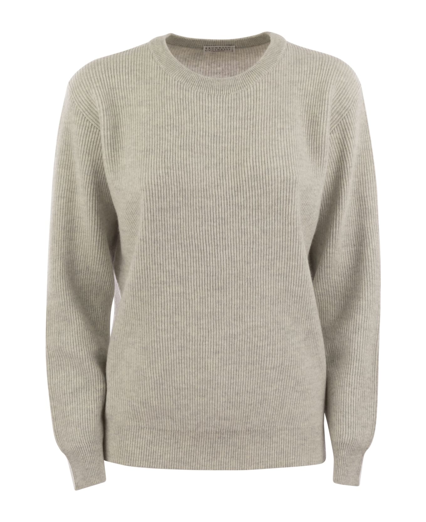 Brunello Cucinelli English Rib Cashmere Sweater With Monile - Fog