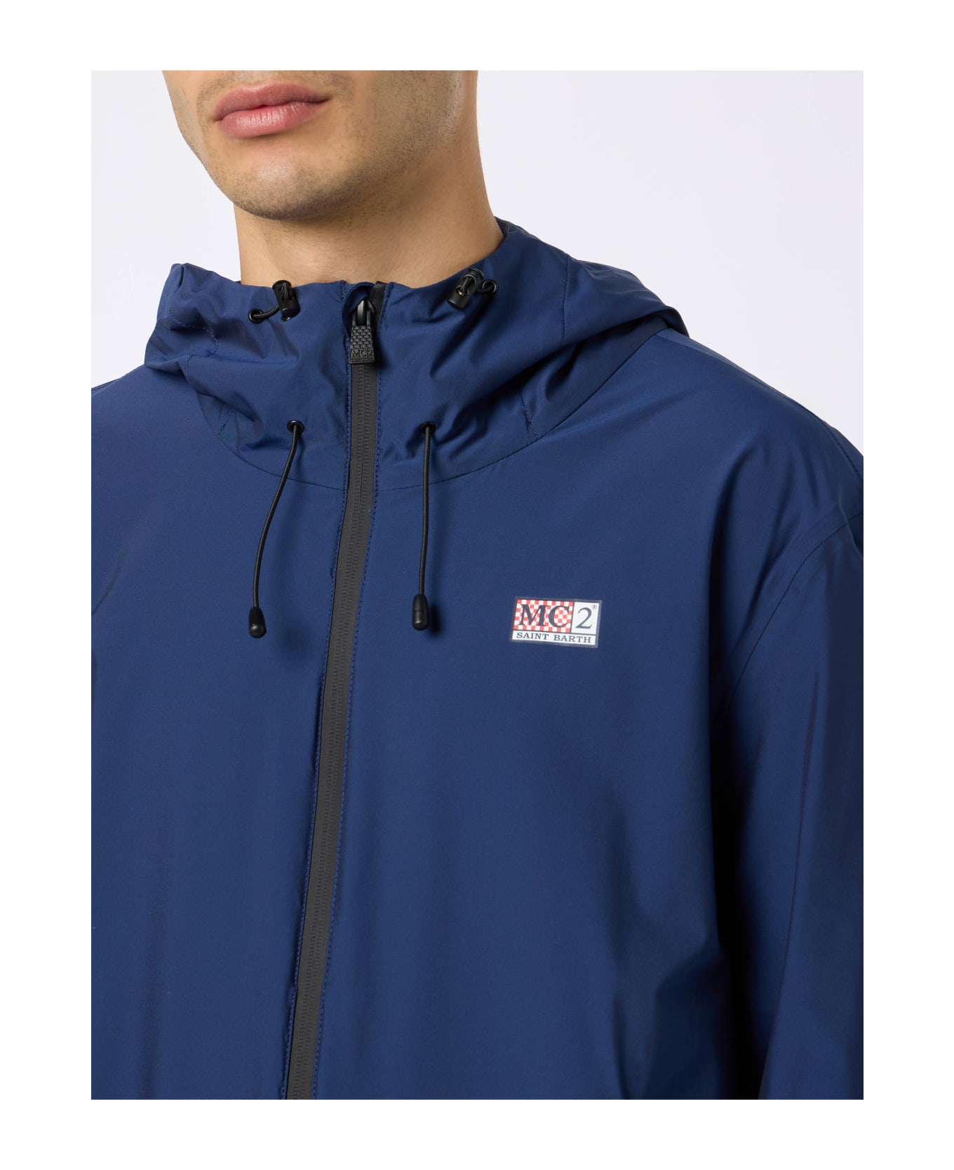 MC2 Saint Barth Man Hooded Lightweight Navy Blue Fabric Windbreaker Sloop - BLUE