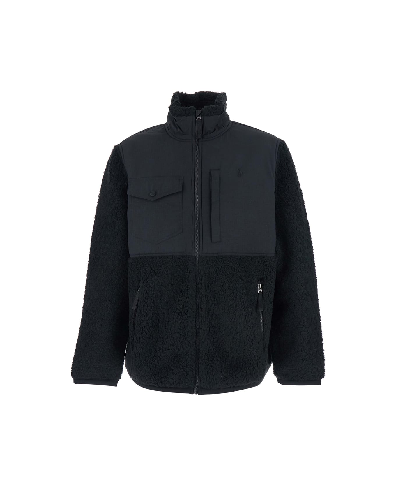 Polo Ralph Lauren Black Jacket With Mock Neck And Tonal Pony Embroidery On The Front In Tech Fabric And Ecofur Man - Black