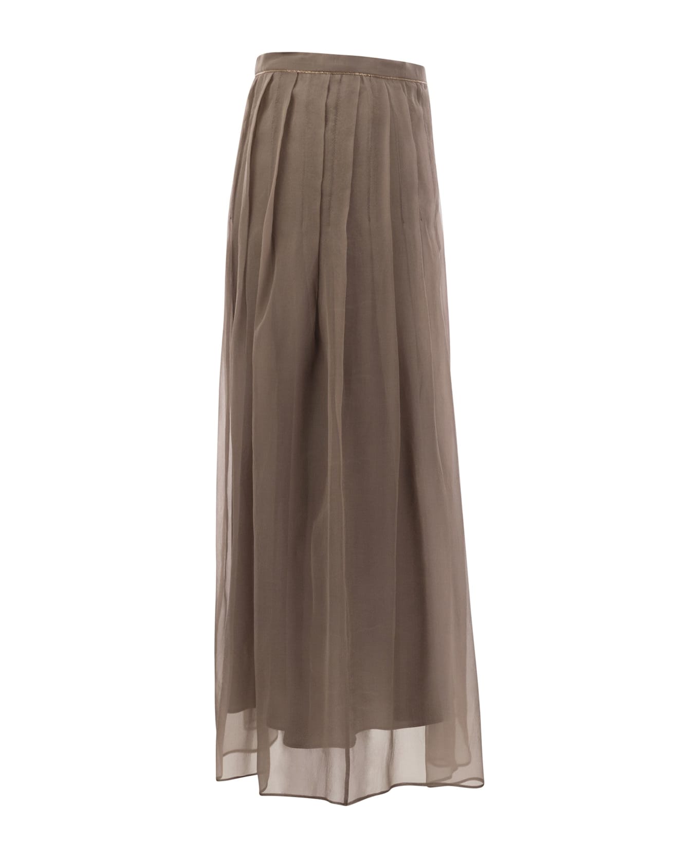 Brunello Cucinelli Crispy Silk Pleated Midi Skirt With Shiny Waistband - Brown