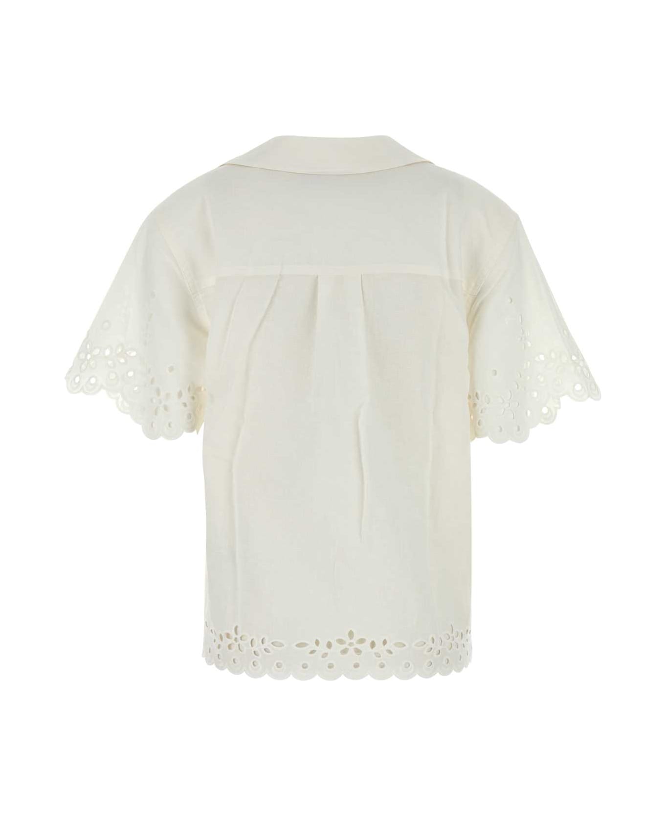 self-portrait White Linen Blend Top - Cream
