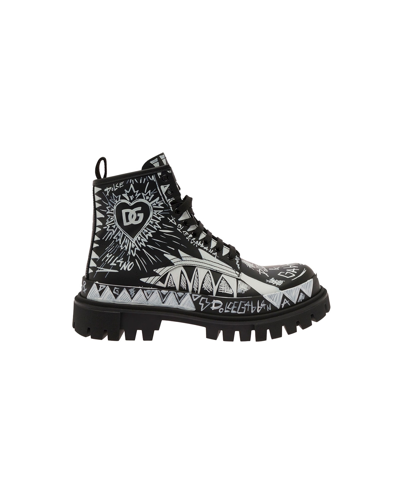 Dolce & Gabbana Black And White Graffiti-print Lace-up Boots In Leather Man Dolce & Gabbana - White/black