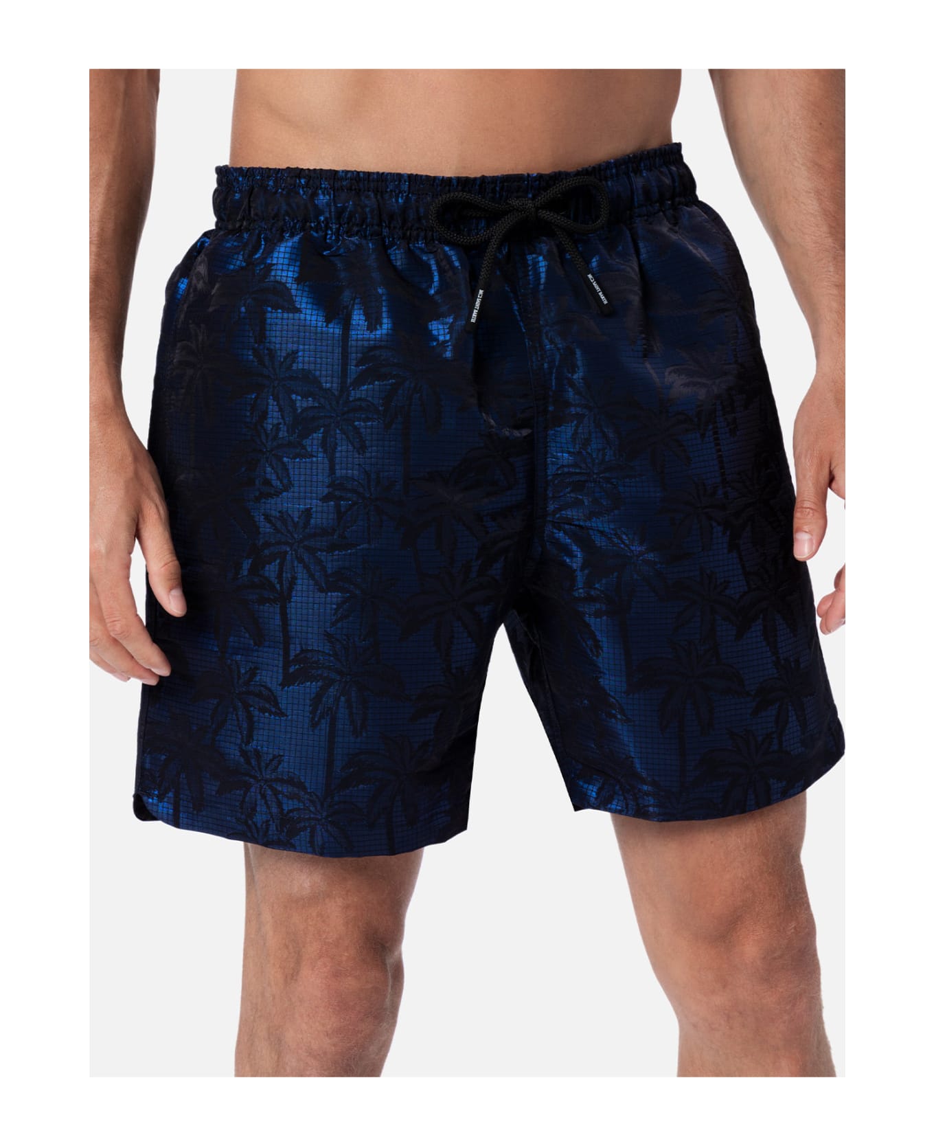 MC2 Saint Barth Man Ripstop Fabric Swim Shorts Harbour The Riviera With Palm Jacquard - BLUE