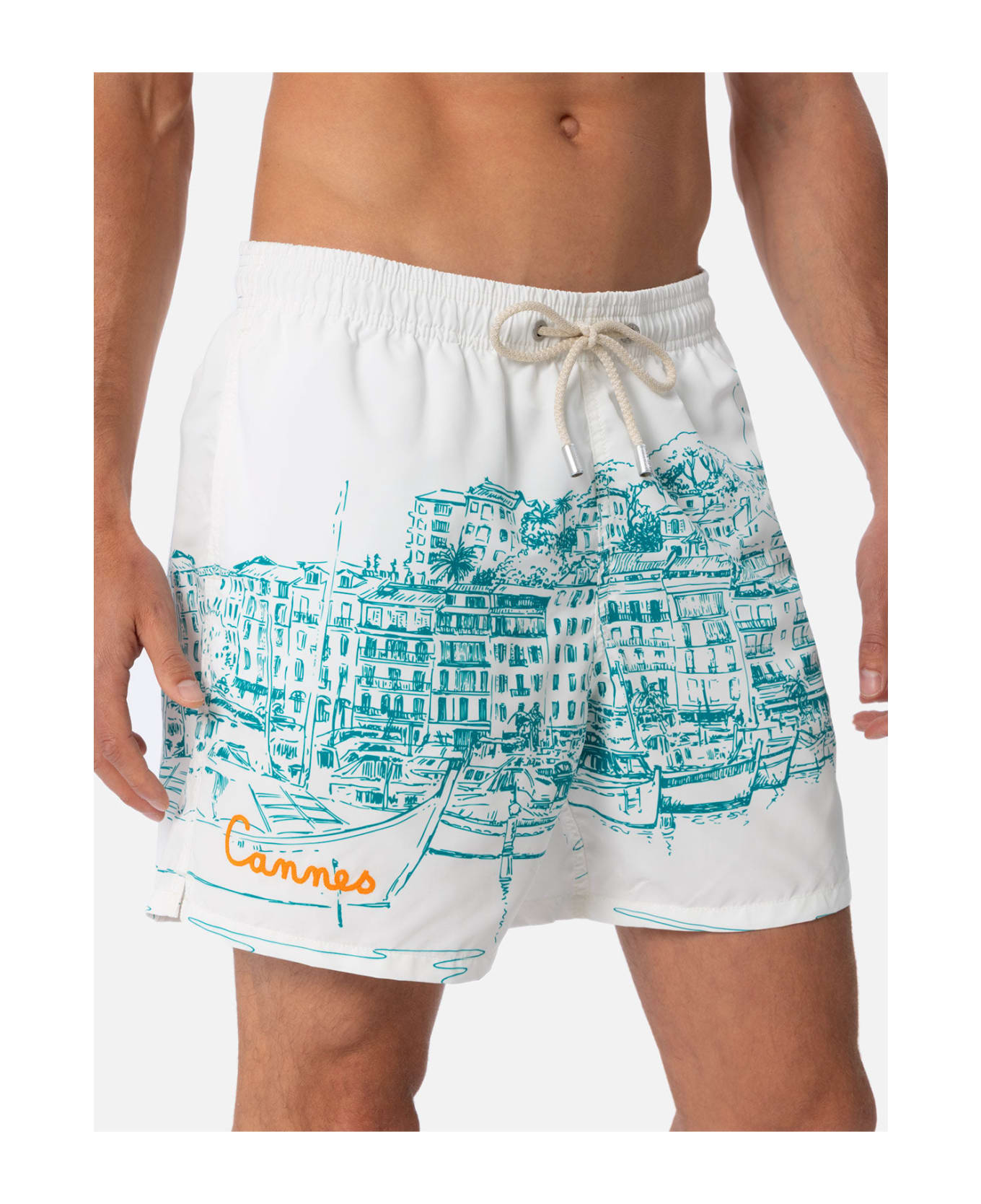 MC2 Saint Barth Man Mid-length Gustavia Swim-shorts With Cannes Placed Print - WHITE