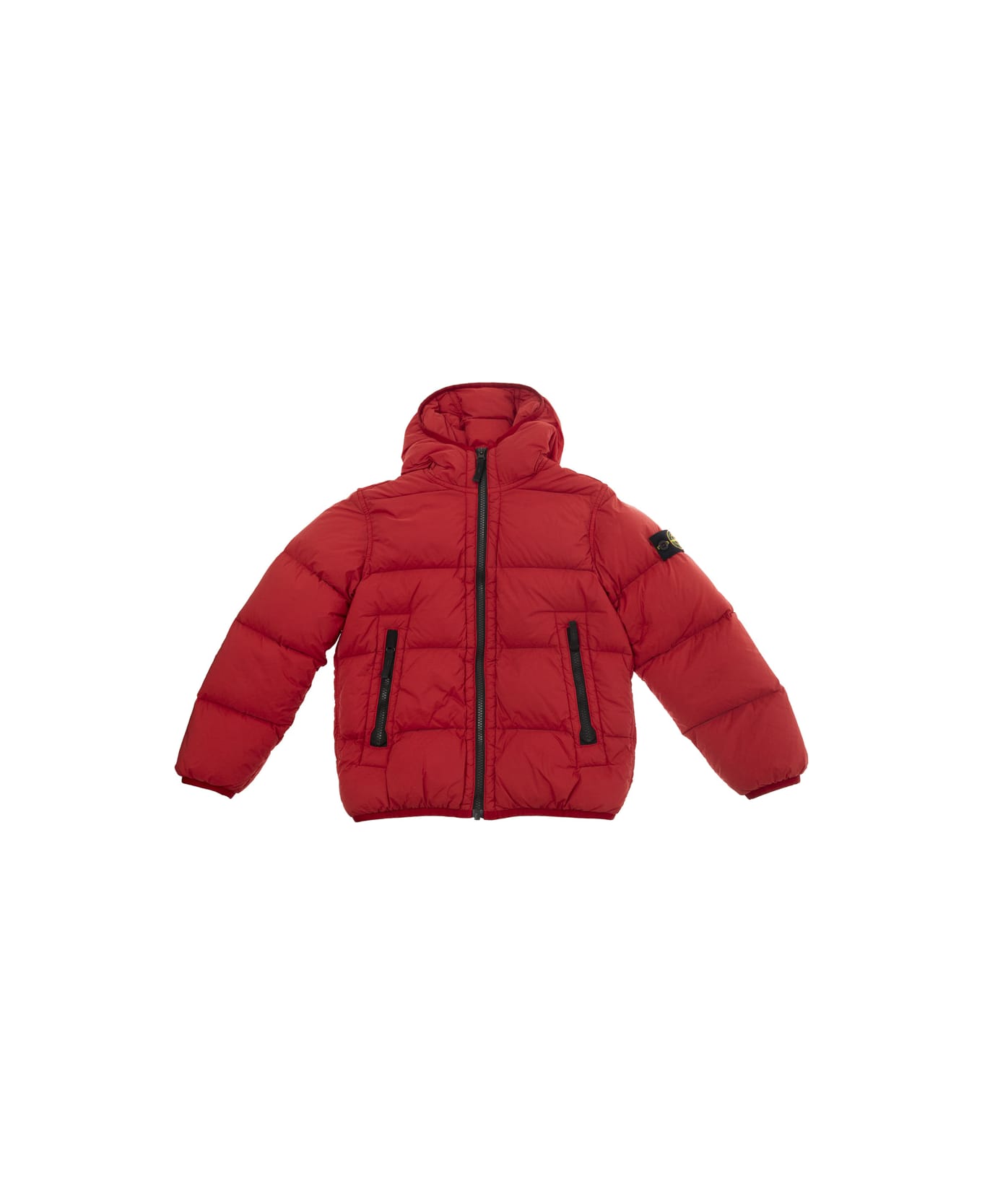 Stone Island Junior Red Hooded Down Jacket With Logo Patch In Tech Fabric Boy - Red