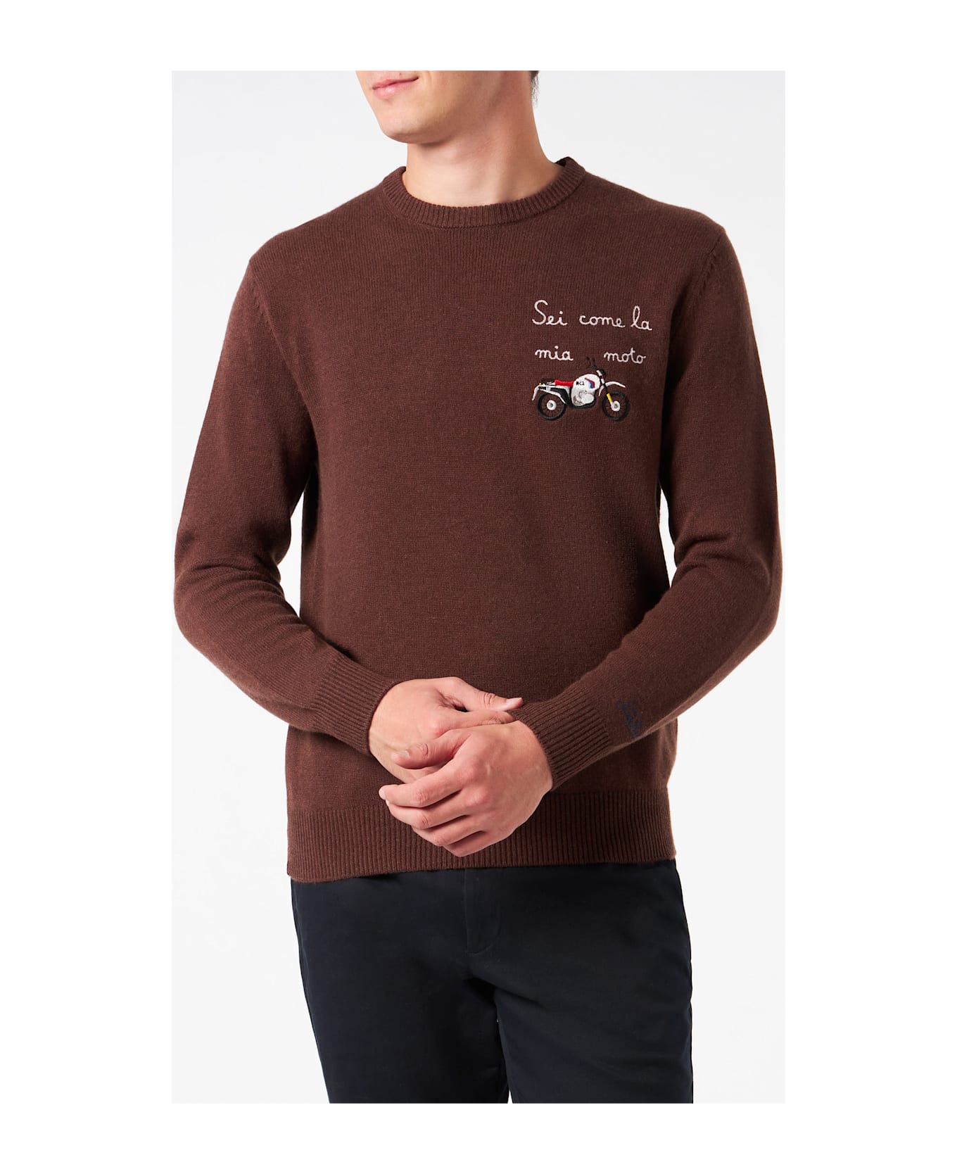 MC2 Saint Barth Man Crewneck Sweater With Sei Come La Mia Moto Embroidery - BROWN