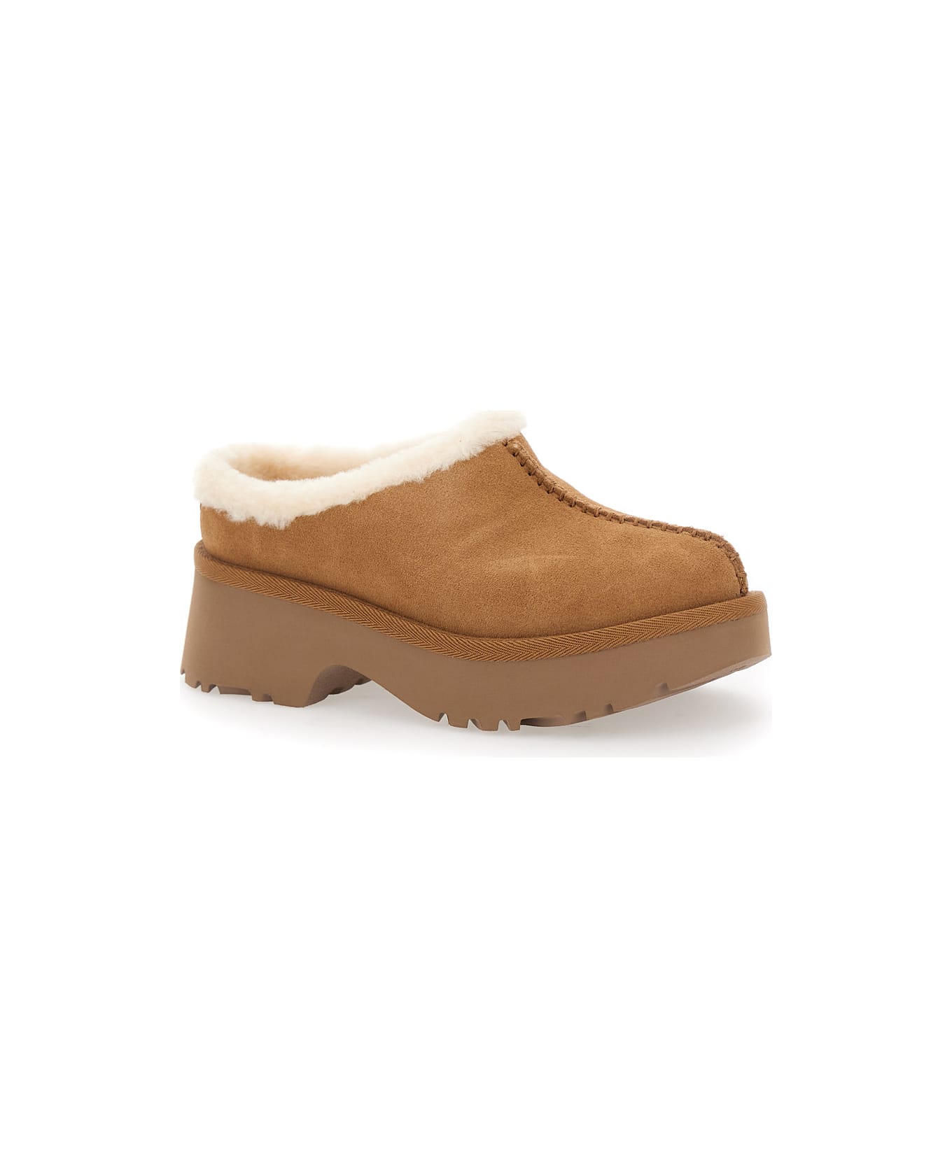 UGG New Height Mule With Brown Suede Women's Embossed Stitching Detail - Beige