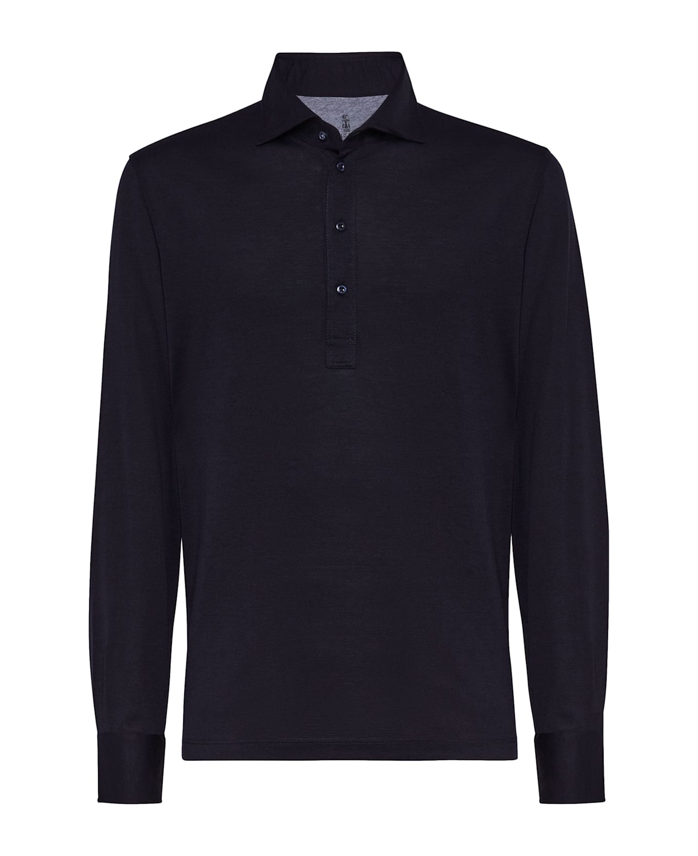 Brunello Cucinelli Long-sleeved Polo Shirt In Light Silk And Cotton Jersey With Shirt Collar - BLUE