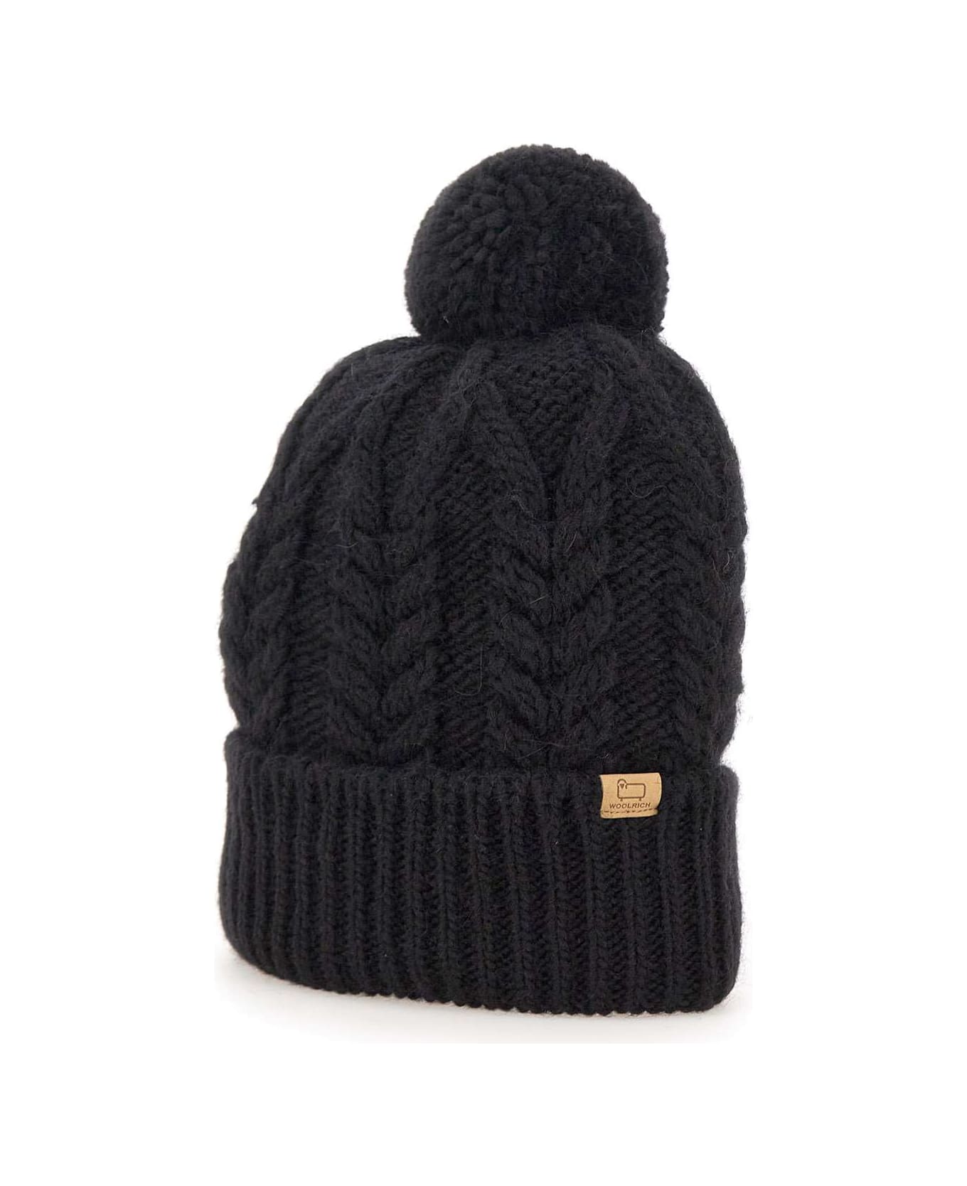 Woolrich 'cable Pom Pom Beanie ' Wool And Alpaca Cap - BLACK 帽子