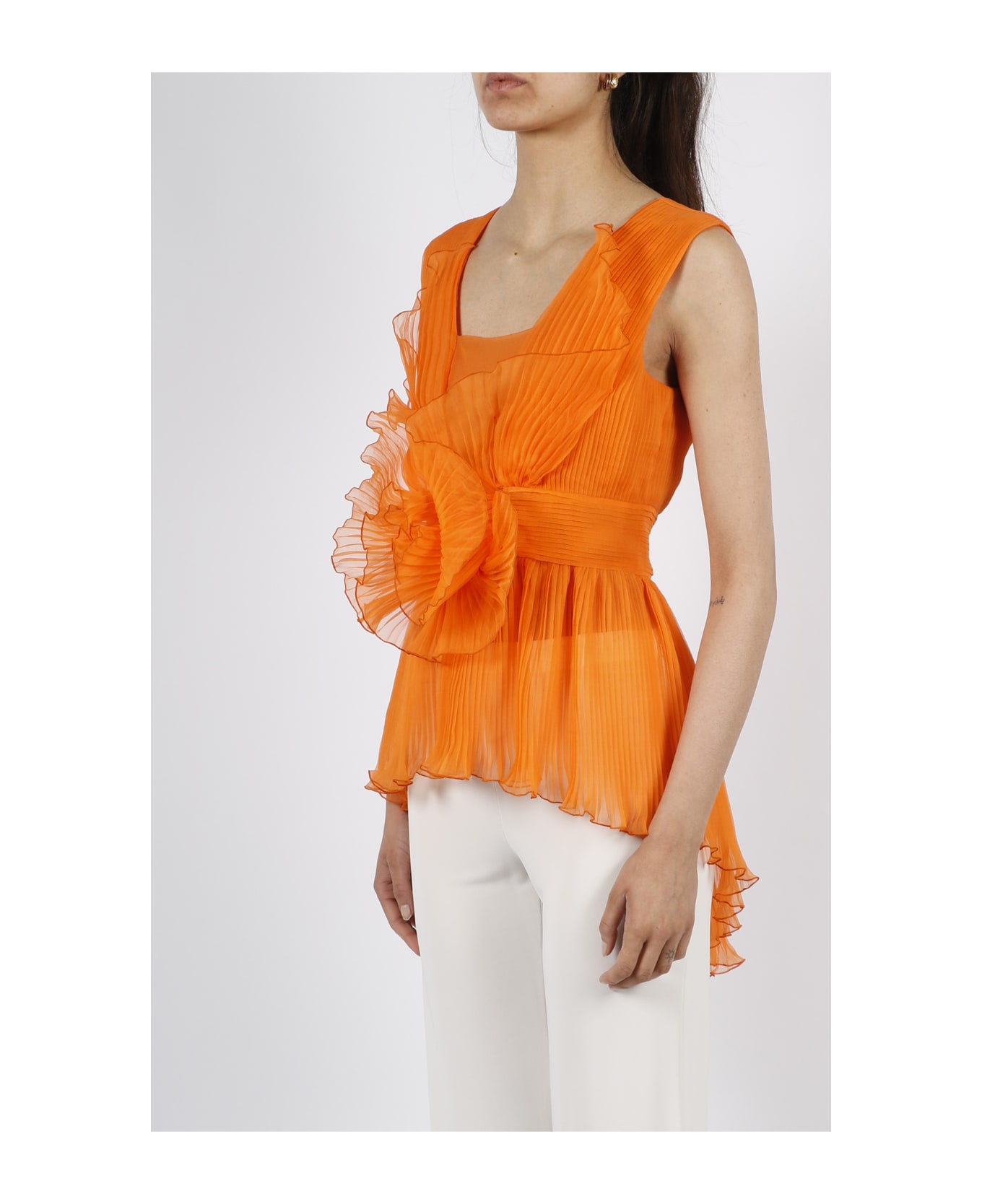 Alberta Ferretti Pleated Silk Top - Yellow & Orange
