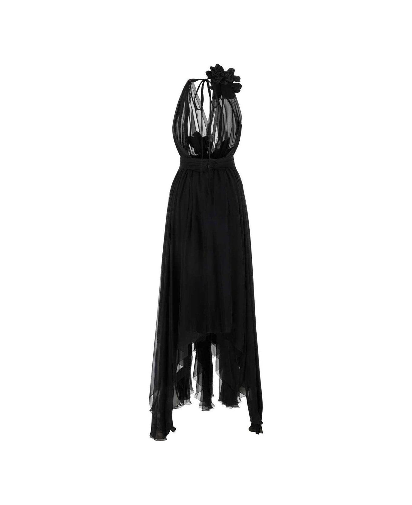Dolce & Gabbana Floral Patch Long Chiffon Dress - Black