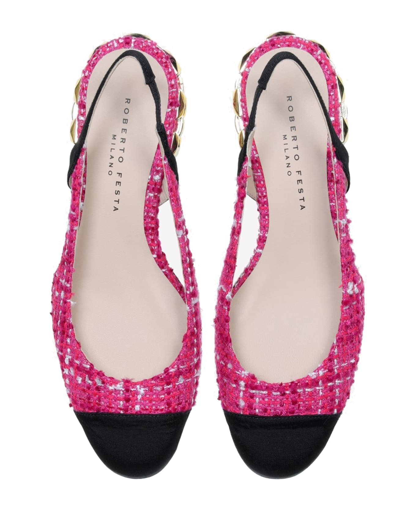 Roberto Festa Chanel Slingback In Cherry Tweed With Gold Chain Heel - FUXIA