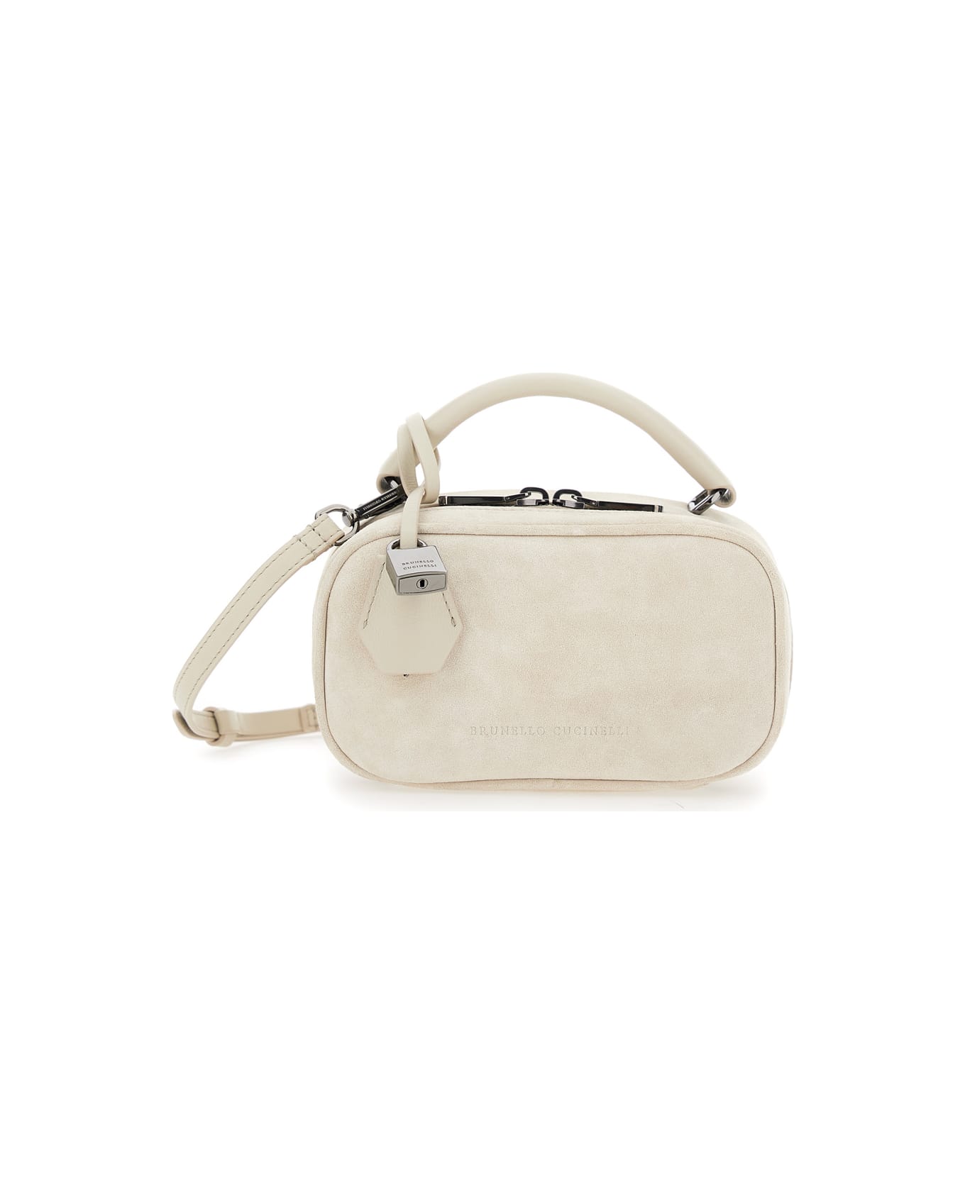 Brunello Cucinelli 
boston Explorer
 White Crossbody Bag With Removable Metal Padlock Charm In Suede Woman - White