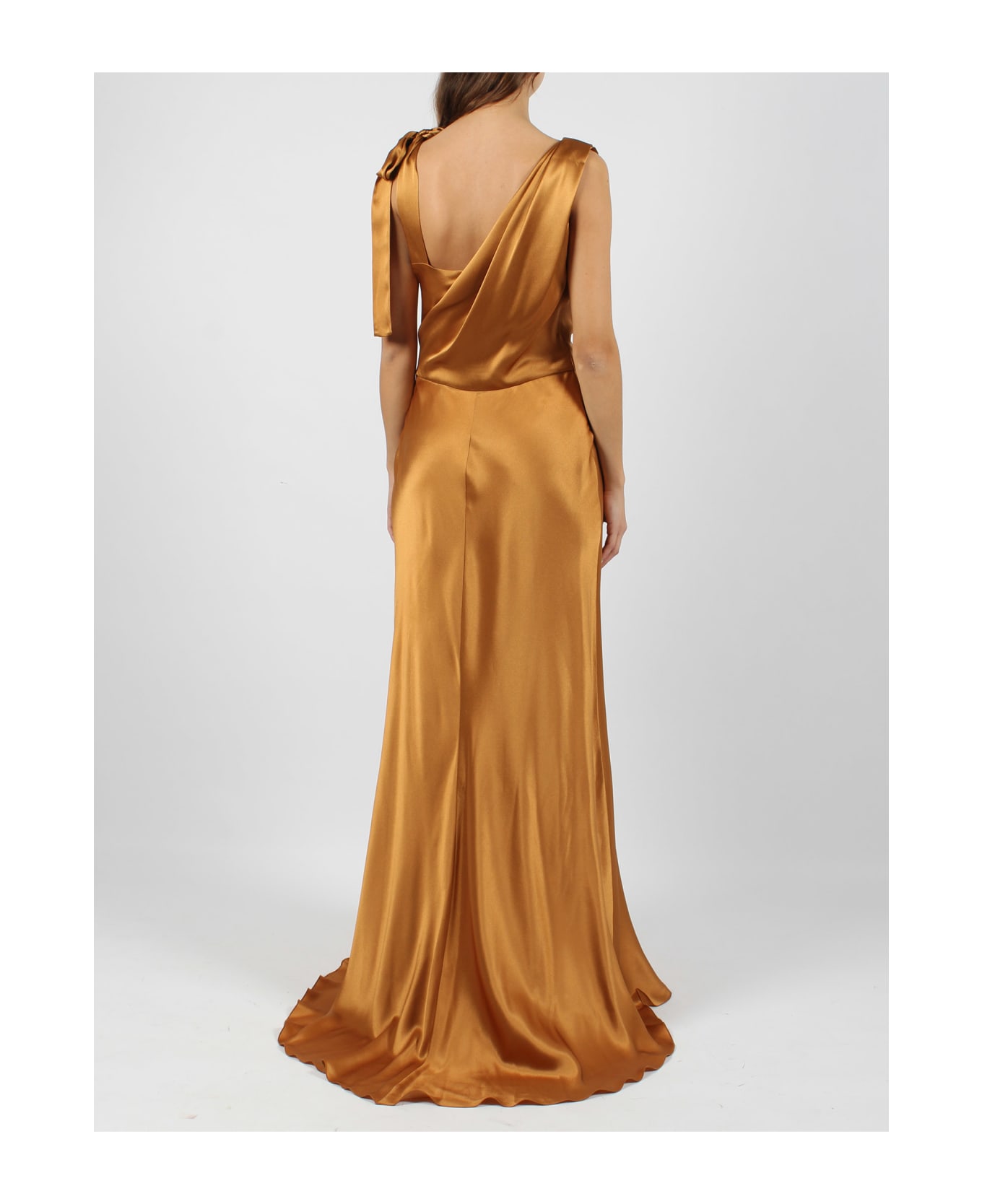 Alberta Ferretti Draped Neckline Long Satin Dress - Brown ワンピース＆ドレス