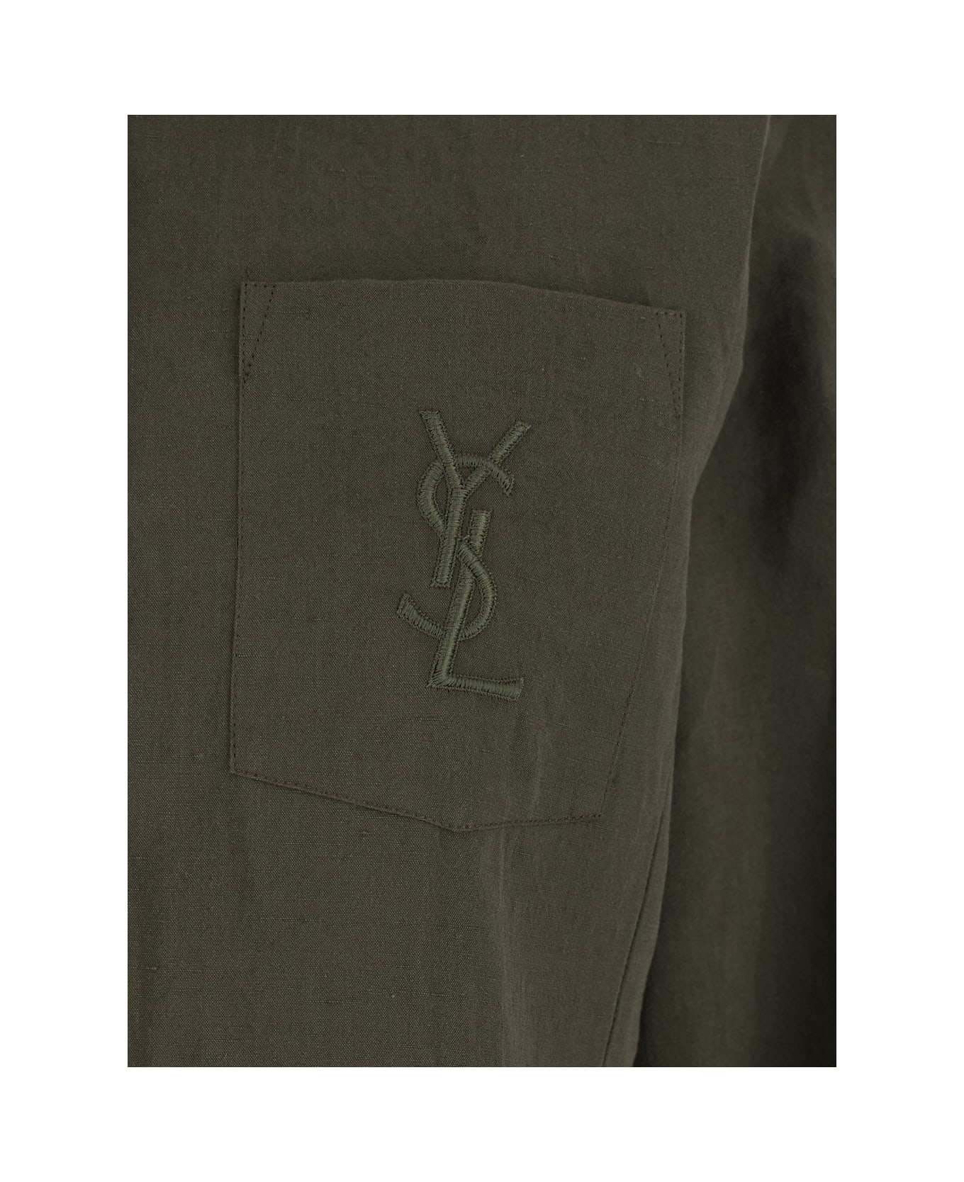 Saint Laurent Green Shirt With Classic Collar And Cassandre Embroidery On The Front In Linen And Cotton Blend Woman - Green